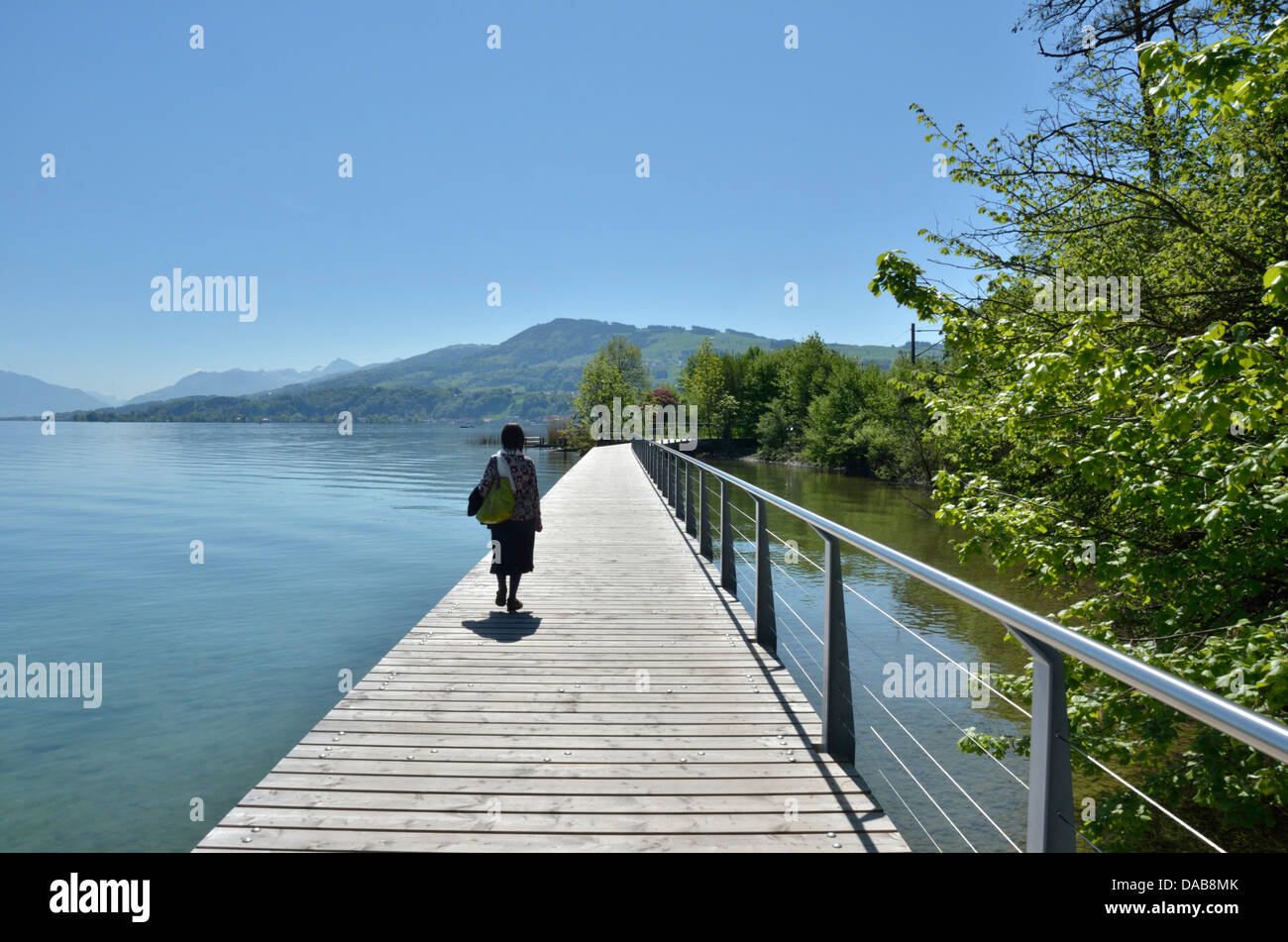 Calzada de madera en el lago de Zurich, cerca de Wädenswil, Suiza Foto de stock