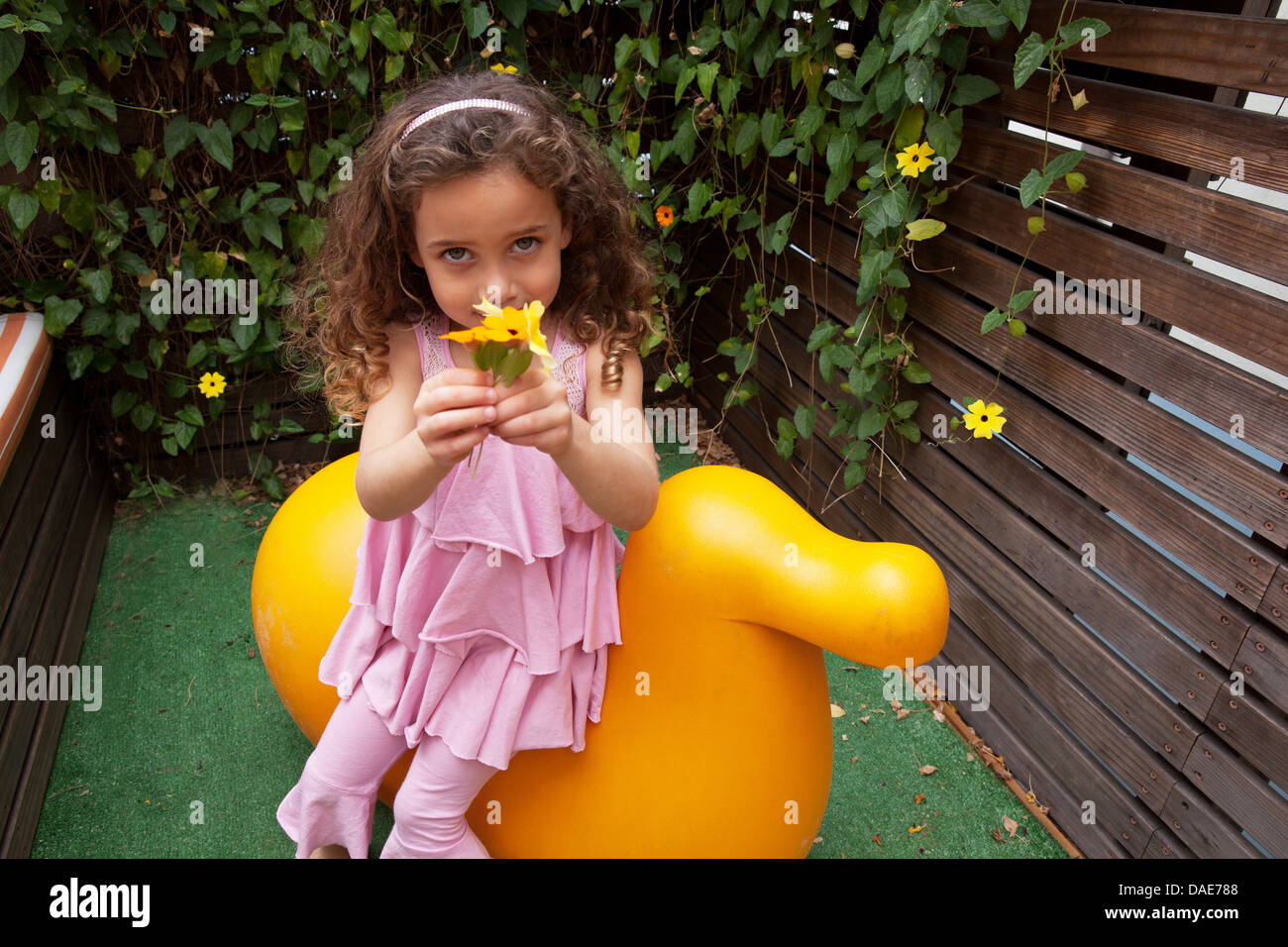 Chica sujetando la flor, Retrato Foto de stock
