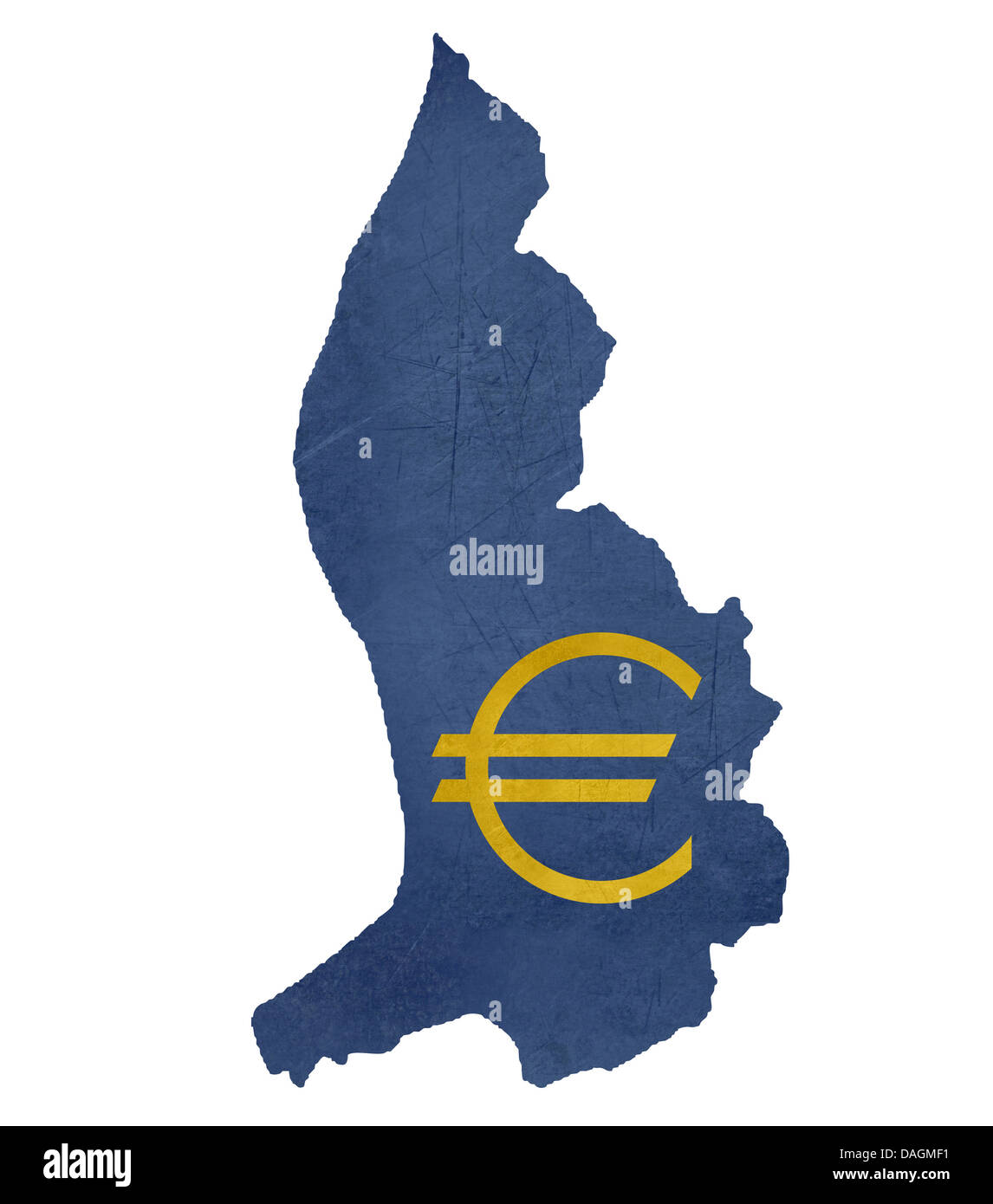 Símbolo de moneda europea sobre el mapa de Liechtenstein aislado sobre fondo blanco. Foto de stock