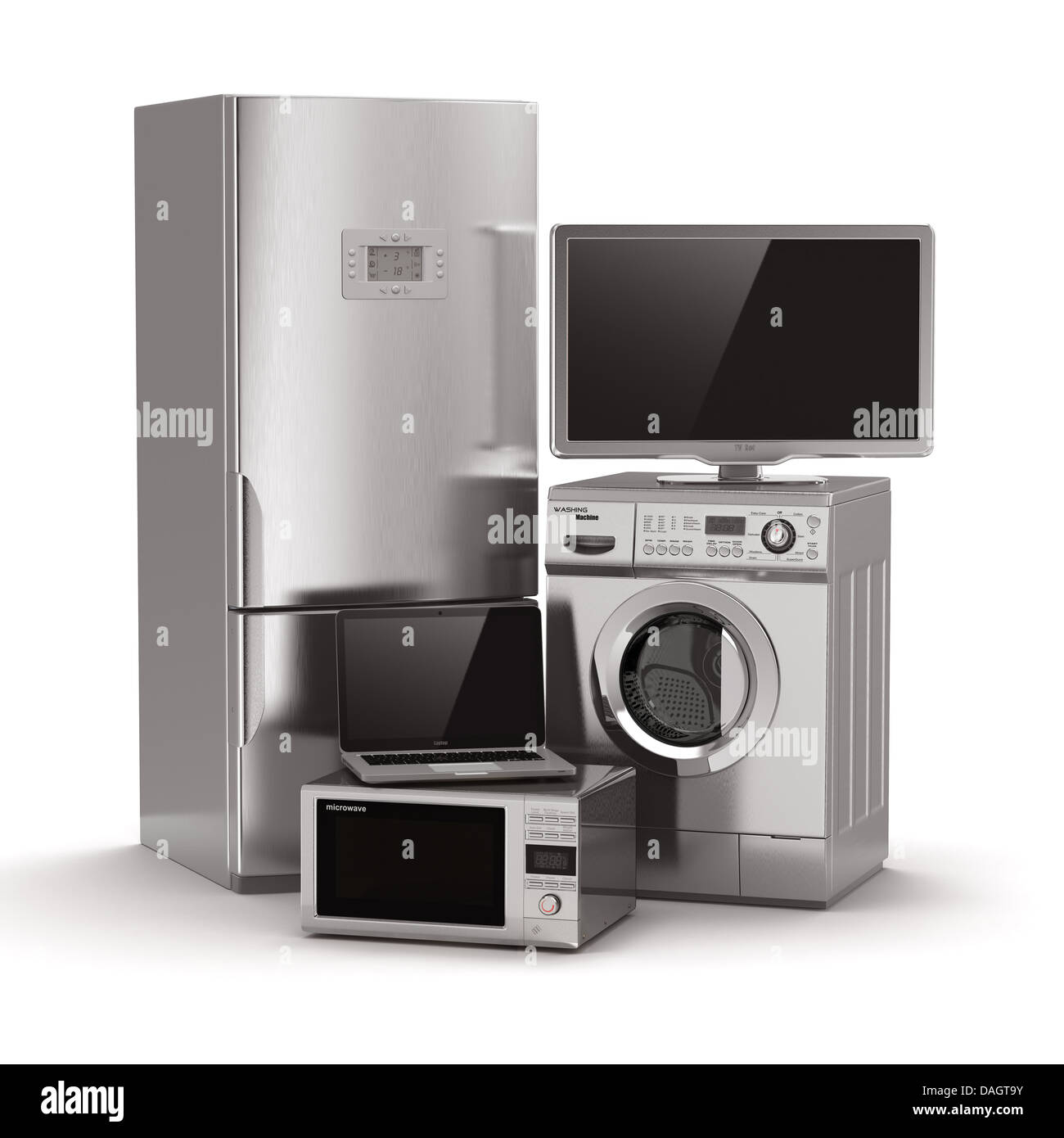Electrodomésticos. Tv, refrigerador, horno de microondas, portátil y lavado  maching. 3d Fotografía de stock - Alamy