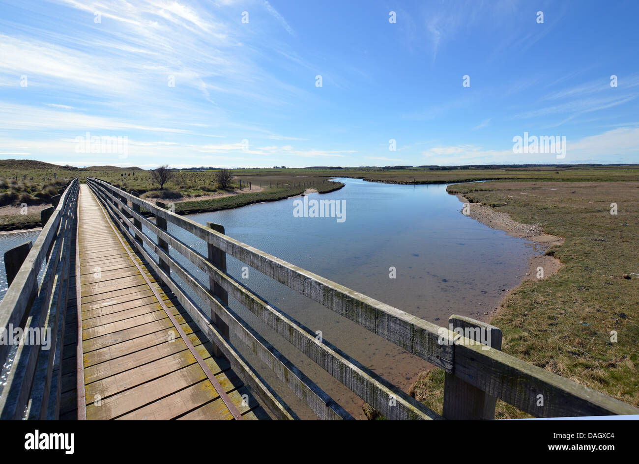 A lo largo de pasarelas Nanny quemar provocando Beadnall Bay en San Oswalds forma Sendero de Larga Distancia de la costa de Northumberland Foto de stock