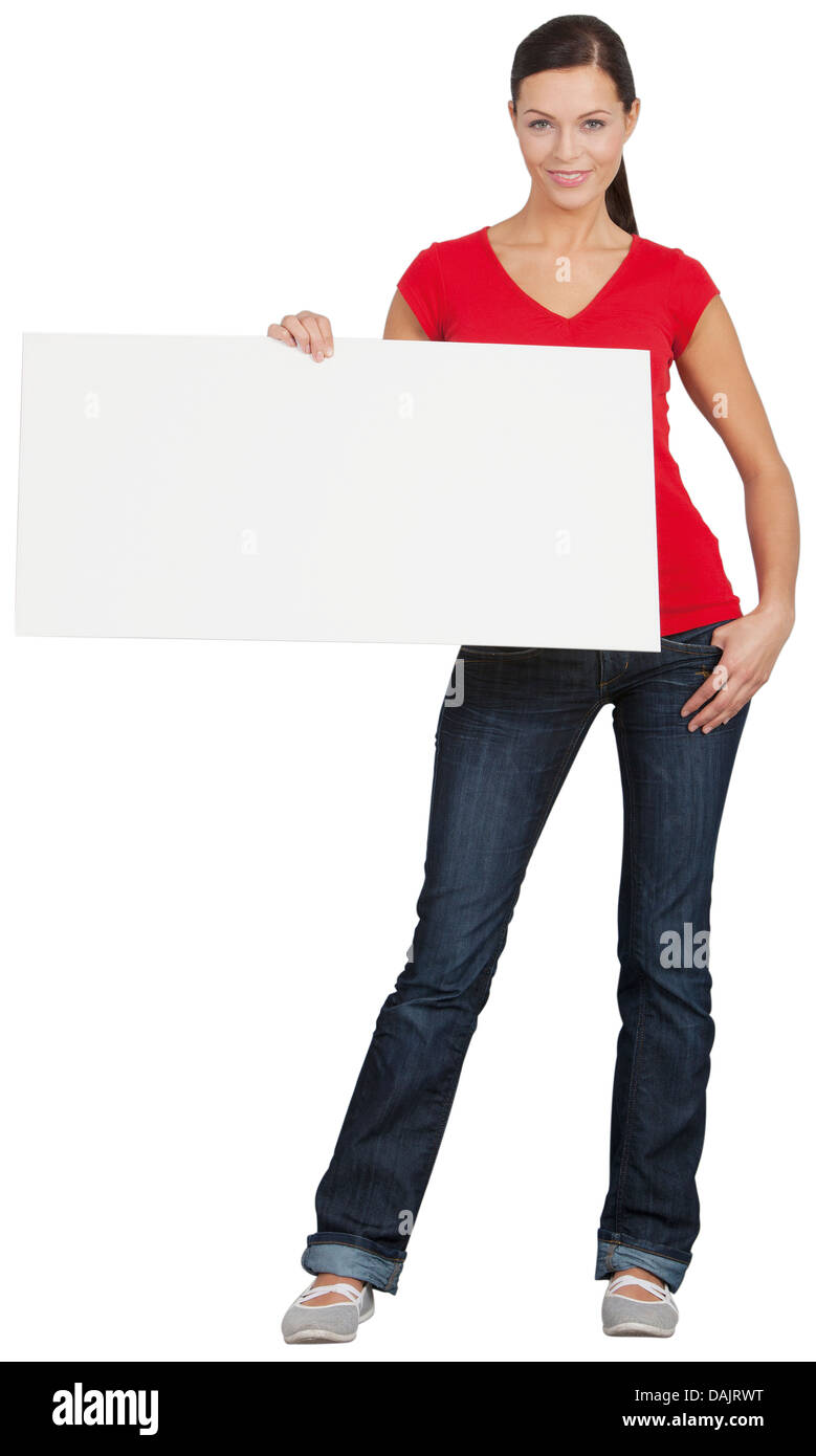 Retrato de mujer joven sosteniendo carteles, sonriendo Foto de stock