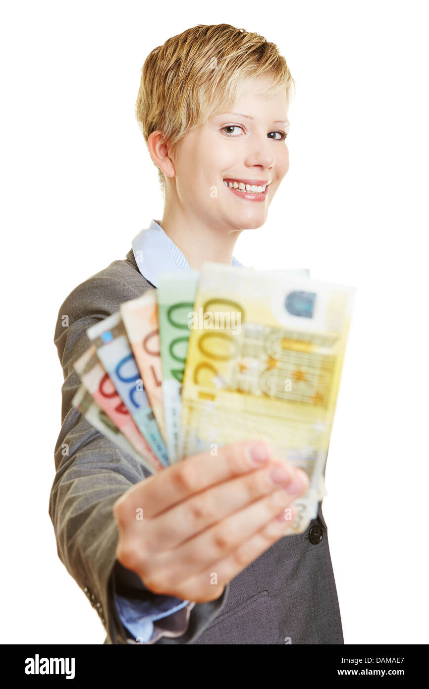 Mujer feliz con diferentes Euro dinero billetes como un ventilador en su mano Foto de stock