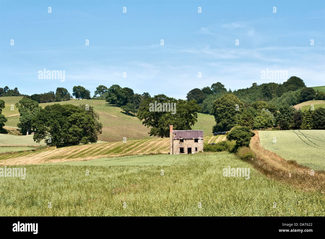 Una antigua granja abandonada en el campo inglés, en la frontera entre Herefordshire y Shropshire, Reino Unido Foto de stock