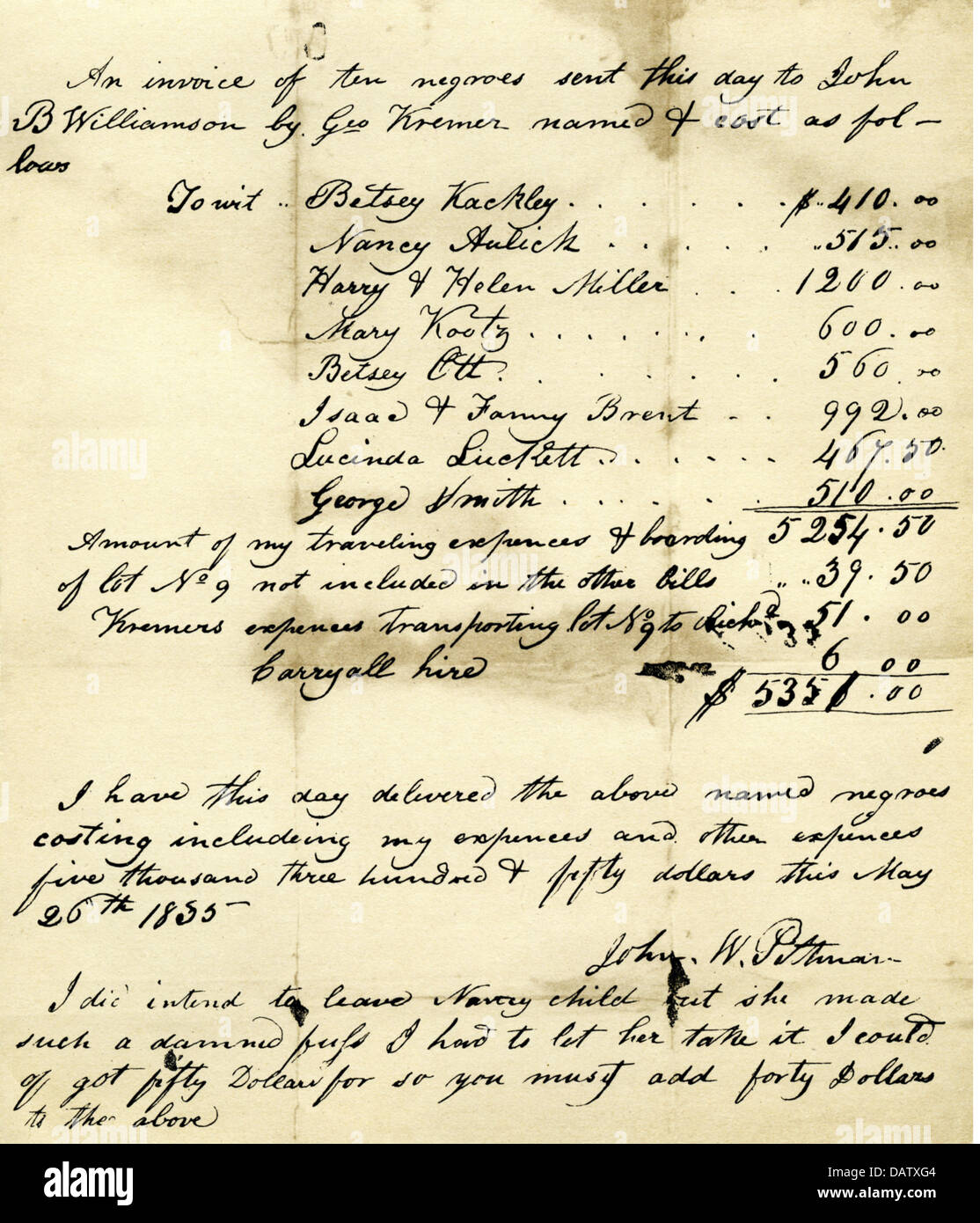 Esclavitud, trata de esclavos, proyecto de ley de John W. Pettman, transporte de diez esclavos de color de John B. Williamson a George Kremer, 26.5.1835, Derechos adicionales-claros-no disponible Foto de stock