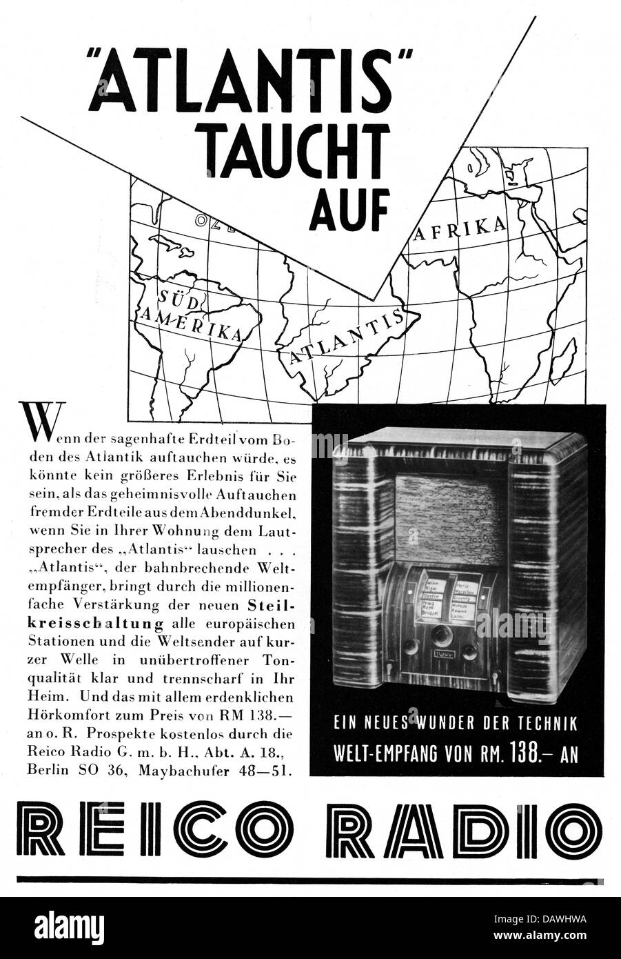 publicidad, Reico Radio, anuncio, 'Atlantis', Febrero 1933, , Derechos adicionales-Clearencias-no disponible Foto de stock