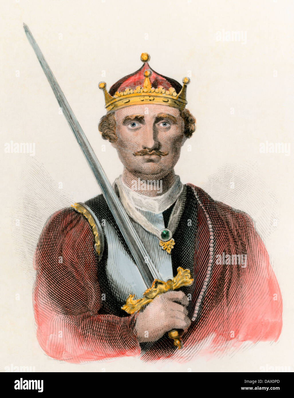 El rey de Inglaterra Guillermo I, el Conquistador, portando una espada. Grabado pintado a mano Foto de stock