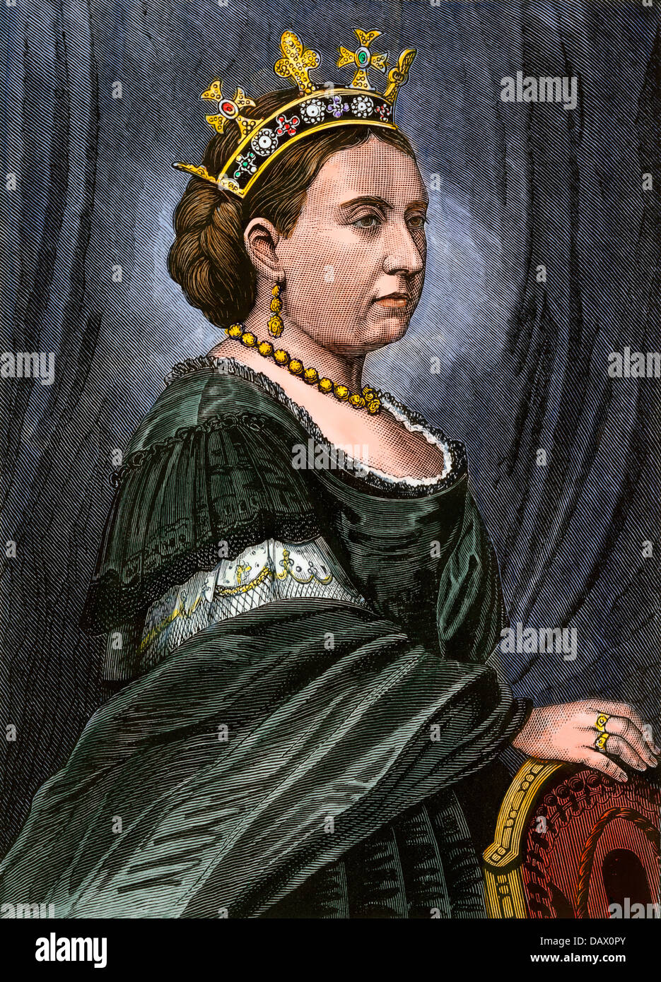 La reina Victoria de Inglaterra I, 1870. Xilografía coloreada a mano Foto de stock
