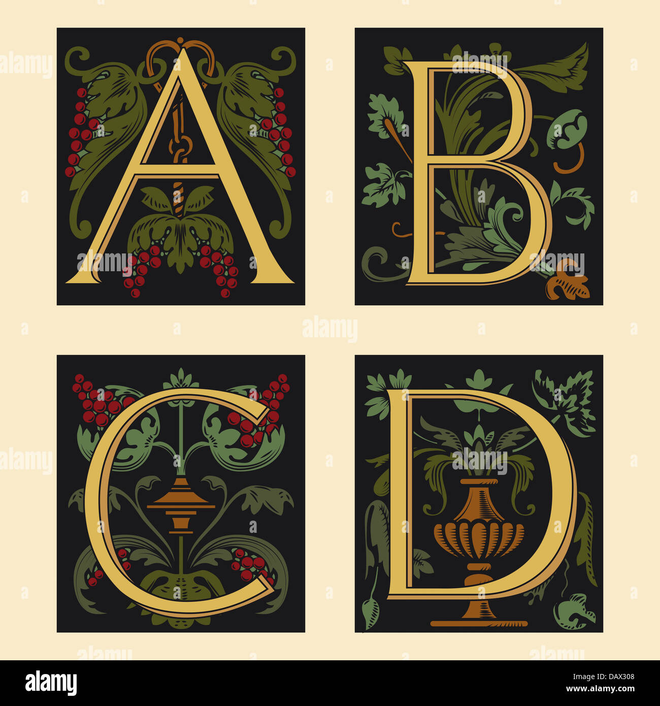 Alfabeto Sixteenth-Century A, B, C, D. Foto de stock