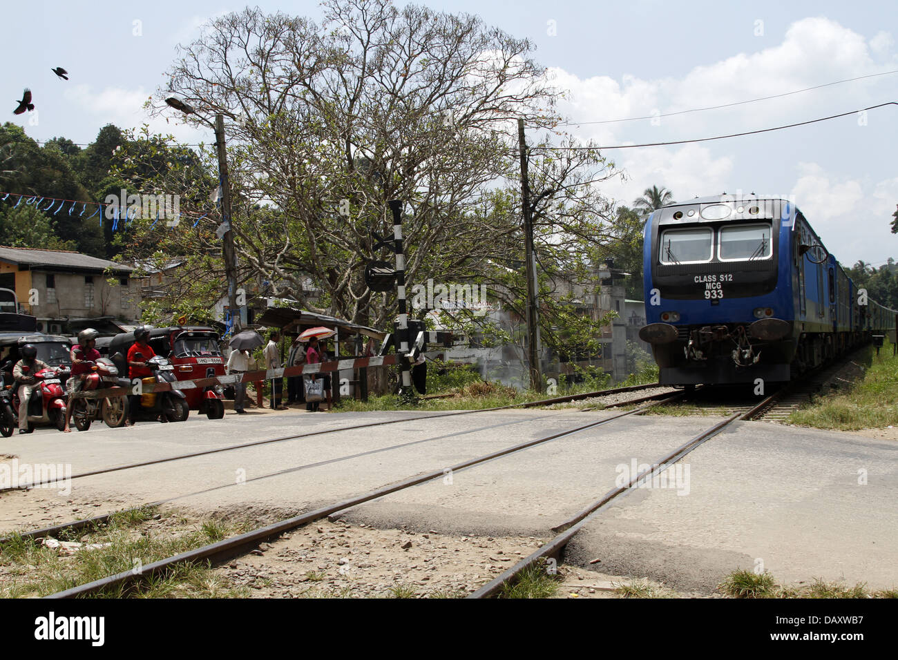 El cruce del ferrocarril & Blue Train Peradeniya (Sri Lanka 12 de marzo de 2013 Foto de stock