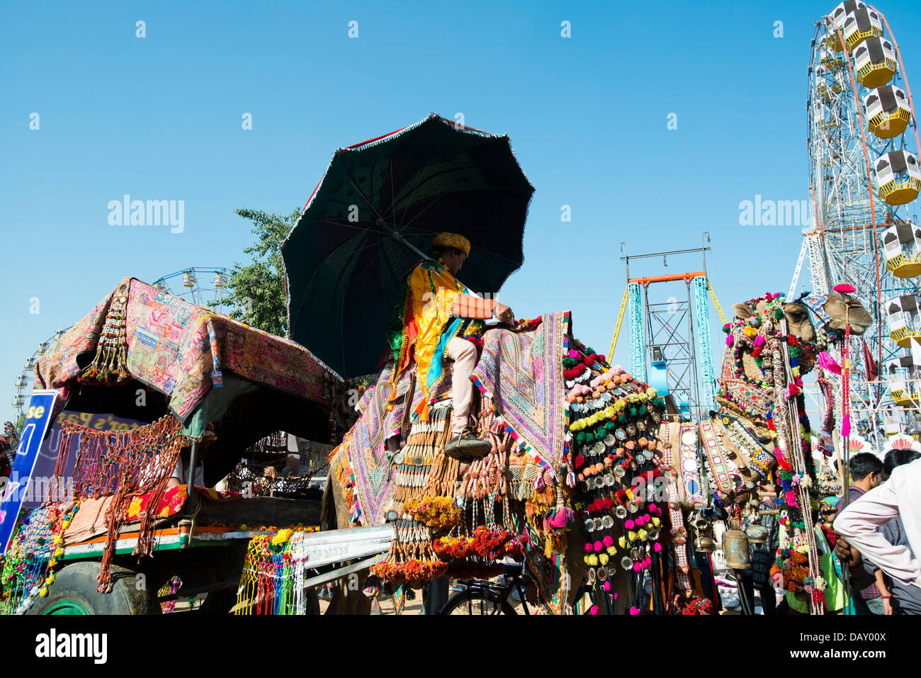 Decoradas en carro de camellos de Pushkar Camel Fair, Pushkar, Ajmer, Rajasthan, India Foto de stock