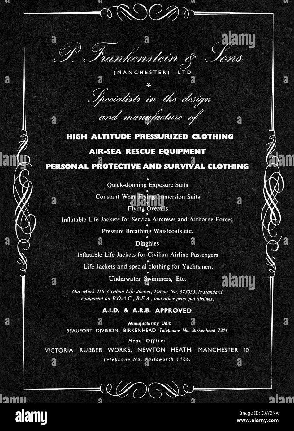 Anuncio para ropa por P. Frankenstein & Sons Ltd Manchester, Inglaterra a los la industria de la aviación anuncio en revista comercial circa 1955 Fotografía de - Alamy