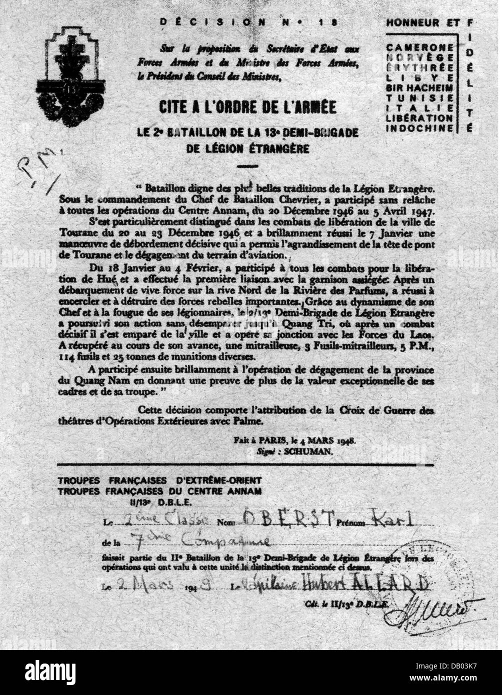 Militar, Francia, Legión extranjera Francesa (Legión Etrangere), confirmación de participación en los combates en Vietnam en 1946, Derechos adicionales-Clearencias-no disponible Foto de stock