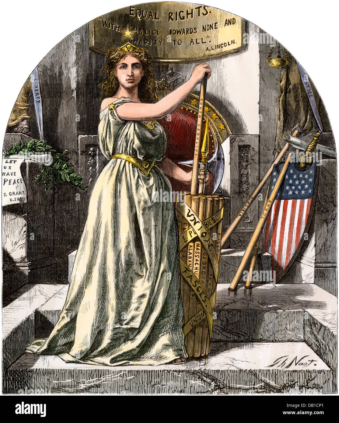 Reconstrucción representada como la igualdad de derechos, la reforma de 1868. Xilografía coloreada a mano Foto de stock