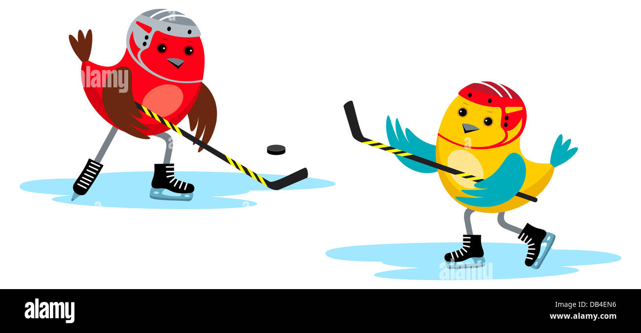 Imagen de aves jugando en un palo de hockey y puck. Foto de stock