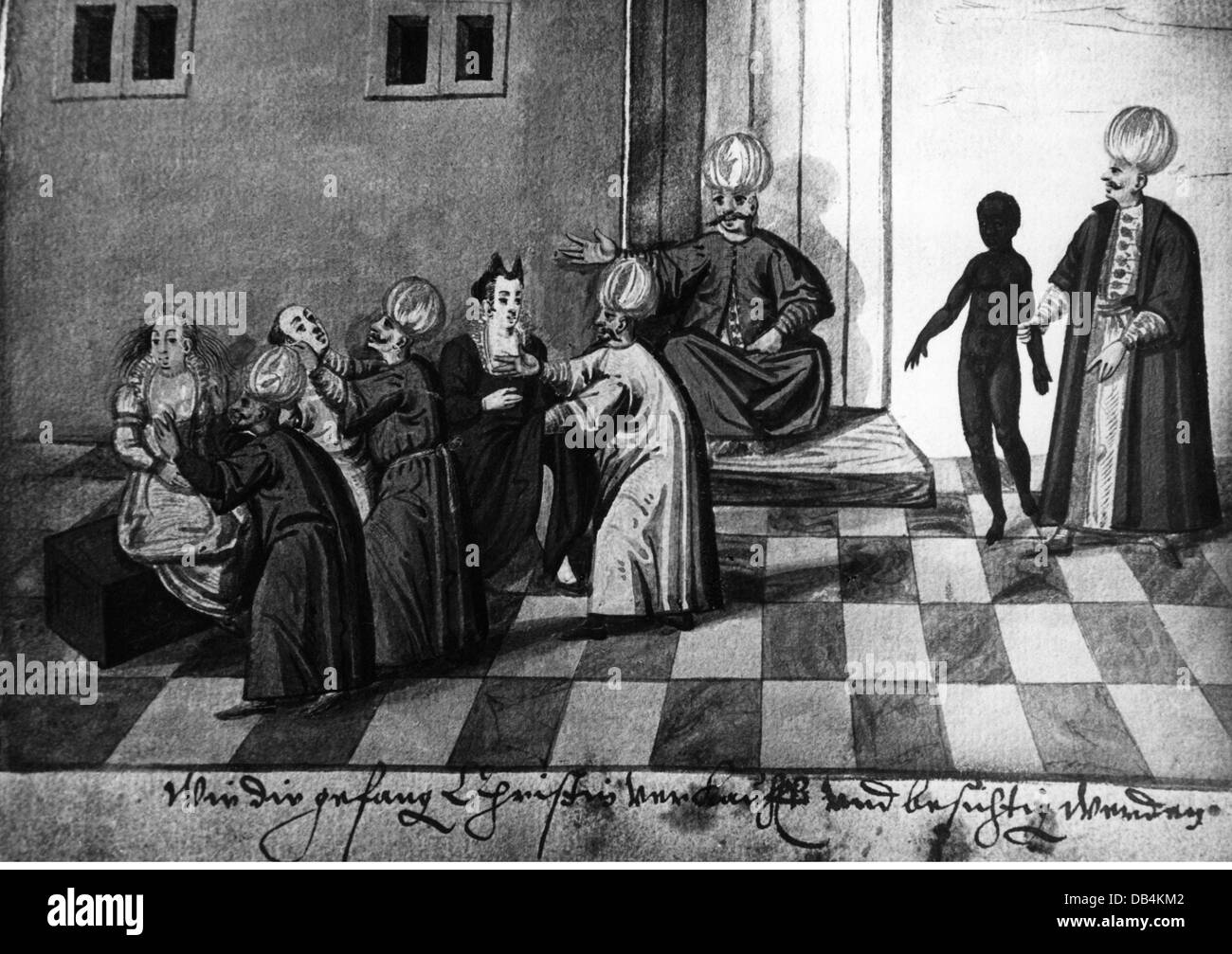 Esclavitud, trata de esclavos, venta de mujeres cristianas cautivas, miniatura, "Turco Travel", 1600, Derechos adicionales-Clearences-no disponible Foto de stock