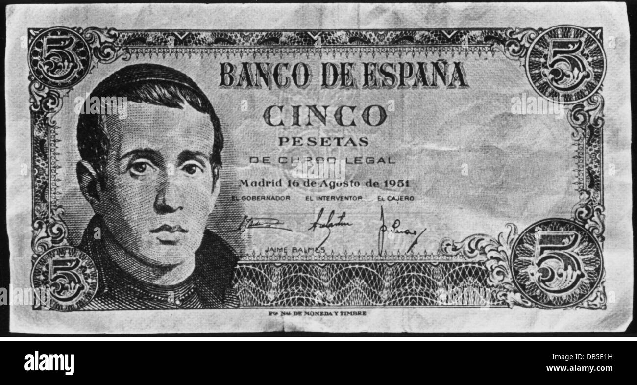 Dinero / finanzas, billetes, España, 5 pesetas, Banco de España, 16.8.1951,  Derechos adicionales-Clearencias-no disponible Fotografía de stock - Alamy