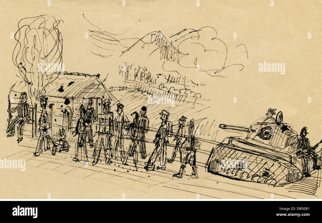 Eventos, Segunda Guerra Mundial / Segunda Guerra Mundial, prisioneros de  guerra, columna de prisioneros de guerra alemanes con guardias franceses,  entre Sonthofen y Blaichach, Baviera, , dibujo hecho por el  prisionero alemán