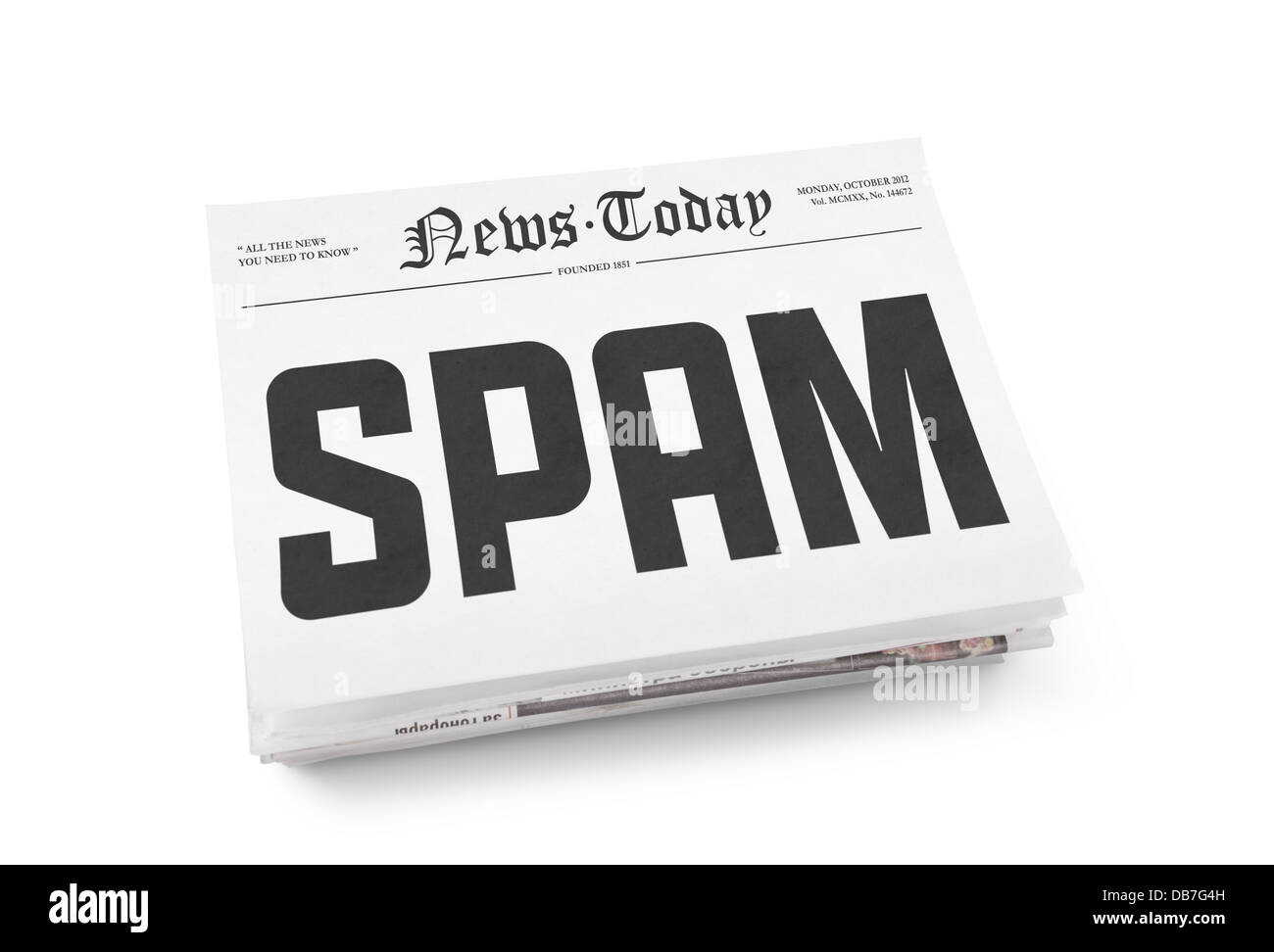 Spam palabra escrita en la primera página del periódico la pila. Aislado sobre fondo blanco. Foto de stock