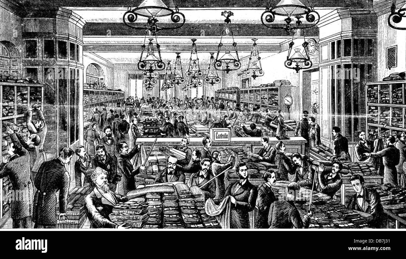 comercio, almacén, dimensionamiento de tejidos masculinos, grabado de  madera, siglo xix, siglo xix, gráfico, gráficos, depósito, depósitos,  almacén, almacenes, artículos, tejidos, telas, ropa, moda, comercio  mayorista, mayorista, rollo, rollos, medida 