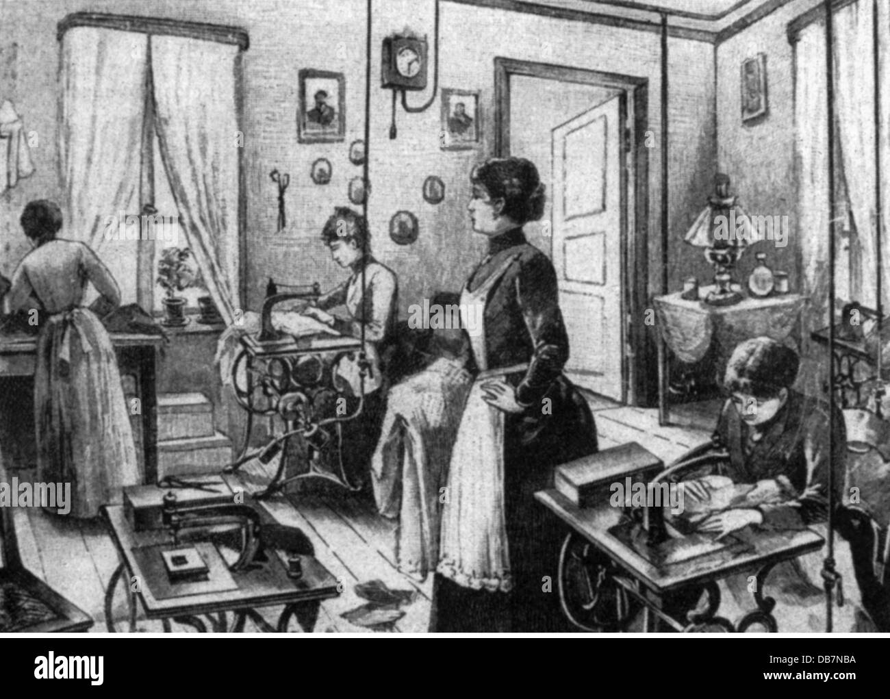 Gente, profesiones, sastres en la máquina de coser, correr con aire comprimido, grabado de madera, alrededor de 1887, Derechos adicionales-Clearences-no disponible Foto de stock