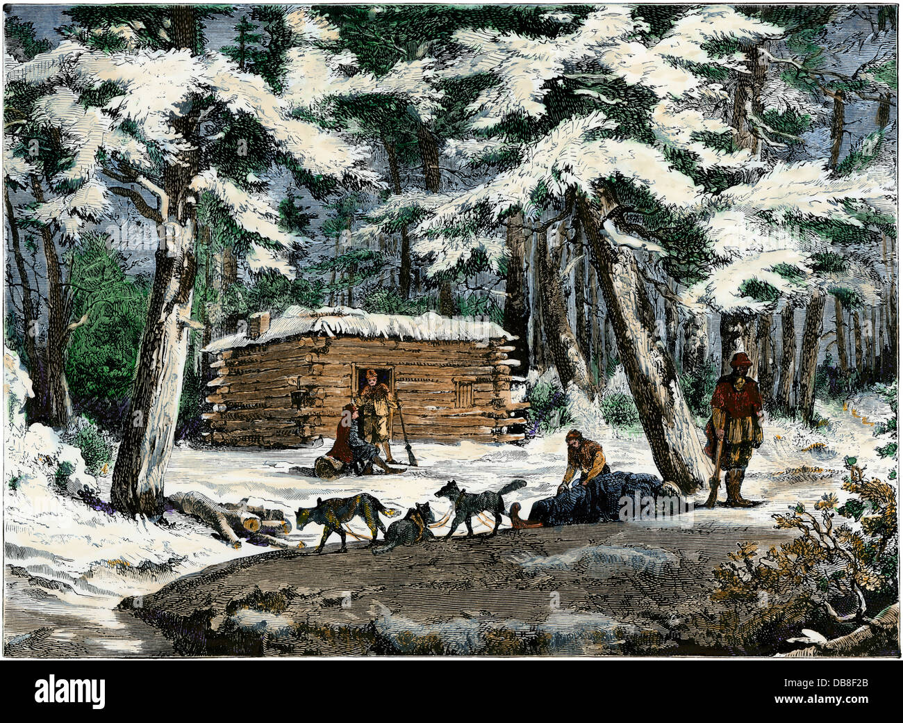 Choza de invierno de colonos en Saskatchewan, Canadá. Xilografía coloreada a mano Foto de stock