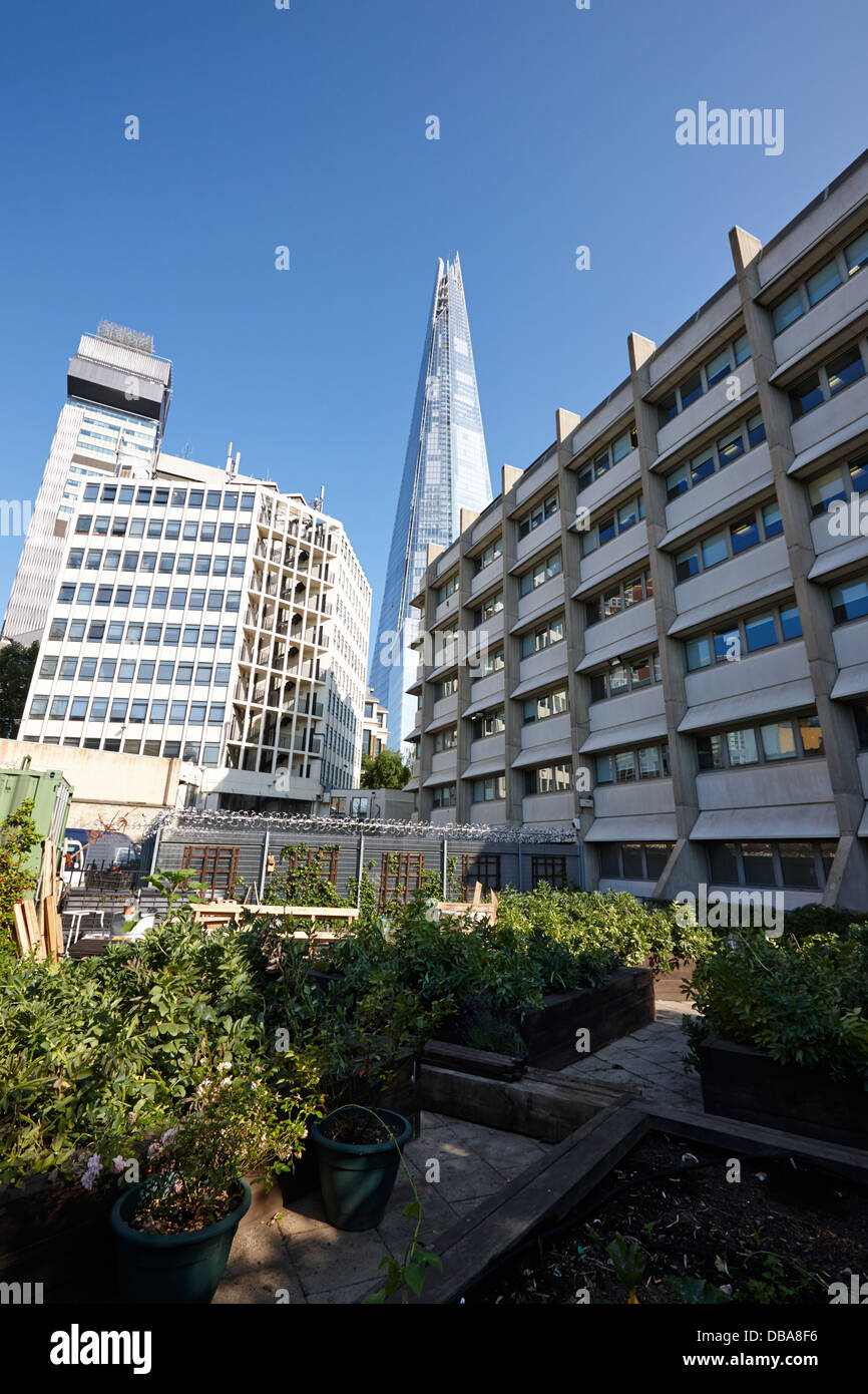 El edificio domina melior shard jardín comunitario de la calle Londres England Reino Unido Foto de stock