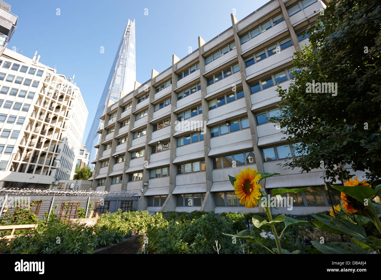 El edificio domina melior shard jardín comunitario de la calle Londres England Reino Unido Foto de stock