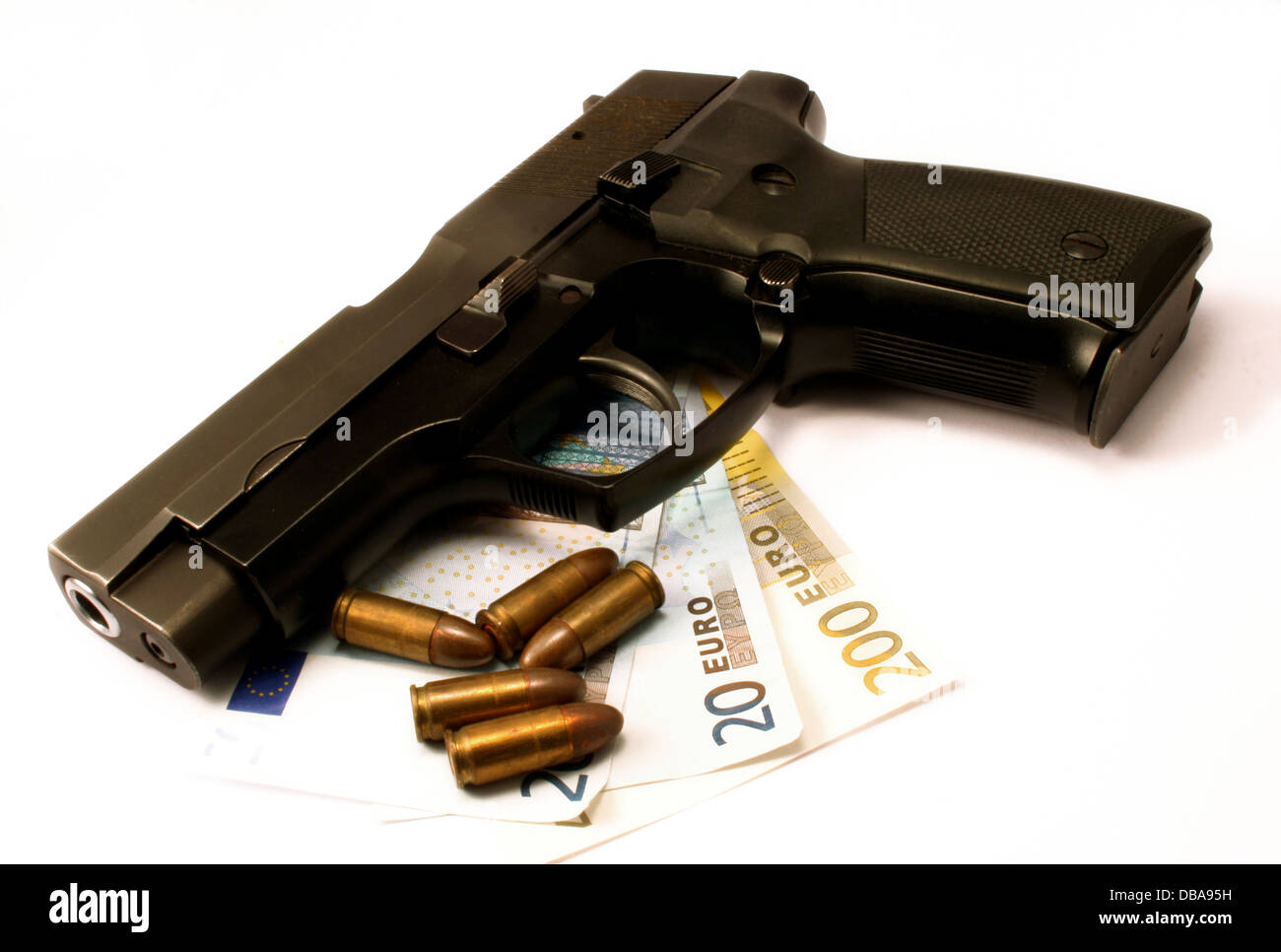 Big 9mm pistola y Euro dinero Foto de stock