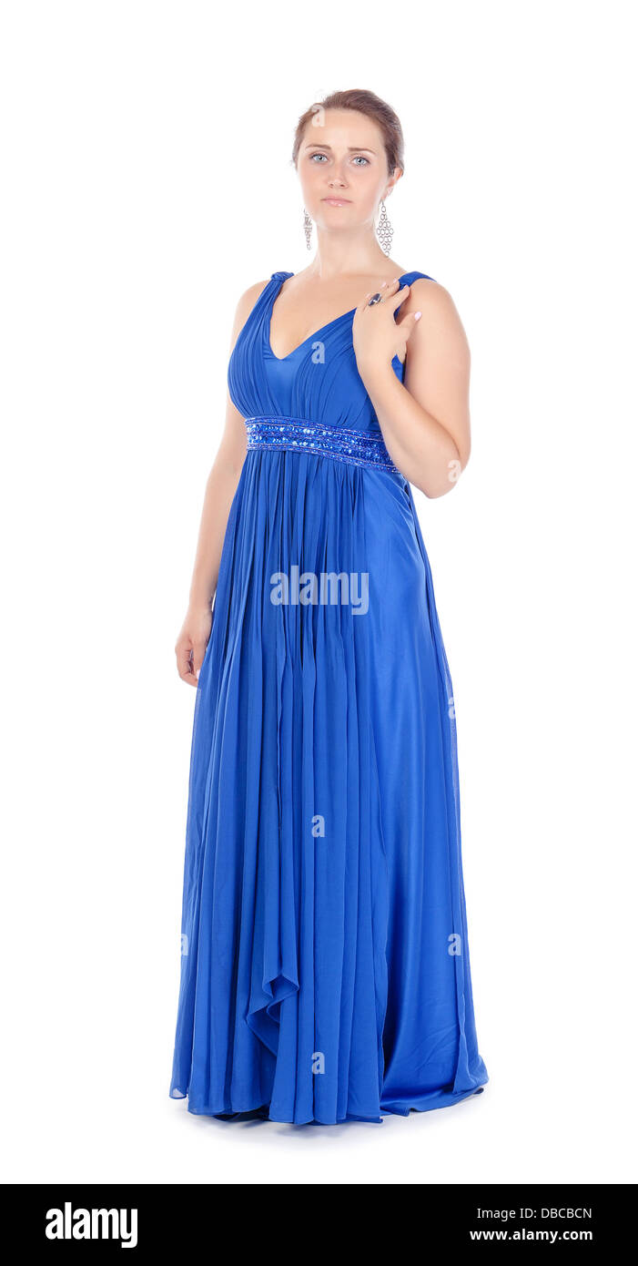 Longitud total retrato de una joven y bella mujer de vestido azul Foto de stock