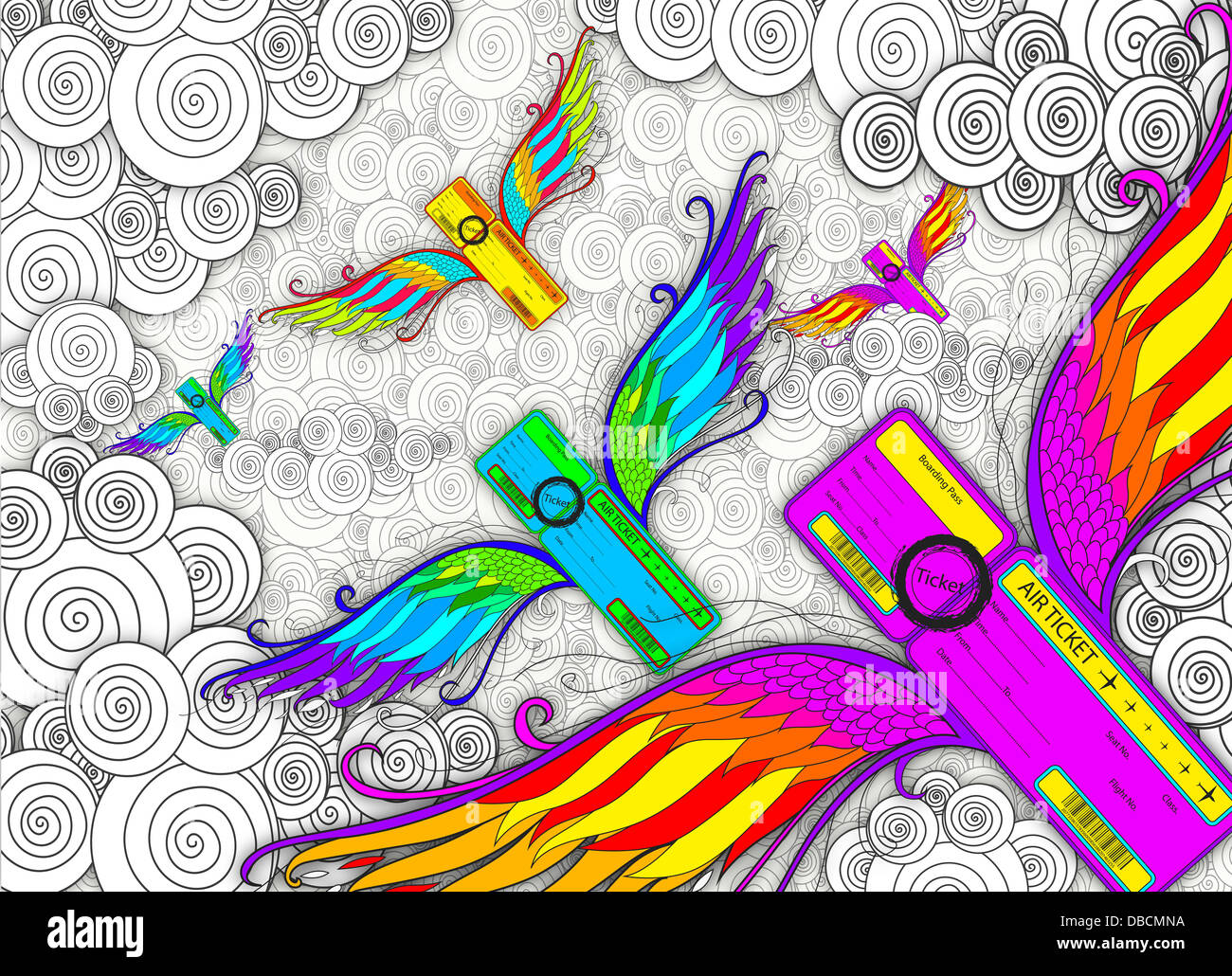 Imagen ilustrativa de las tarjetas de embarque con alas que representan los viajes aéreos Foto de stock