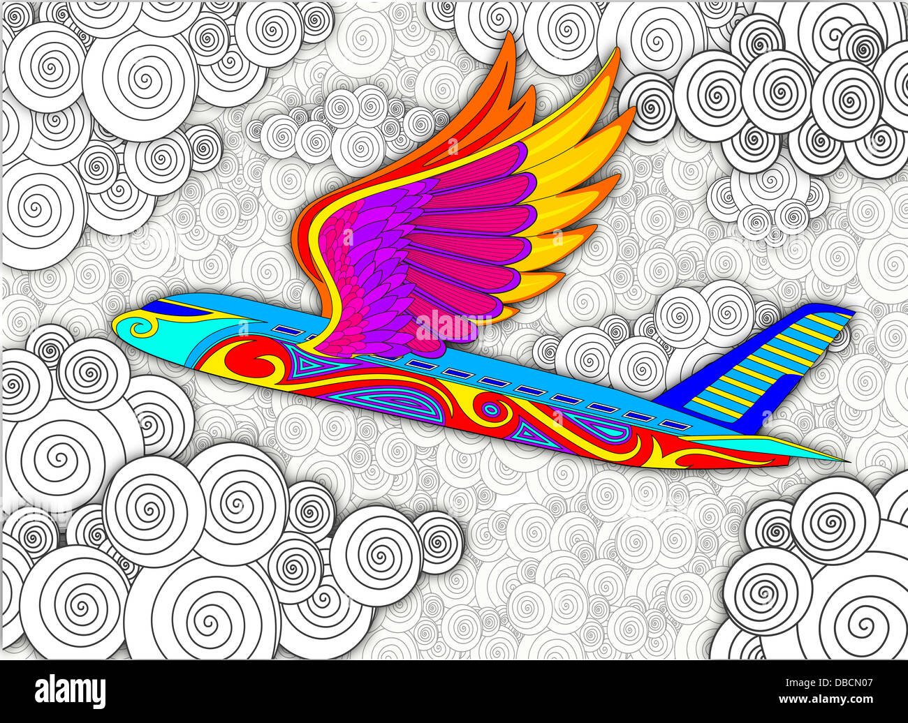 Imagen ilustrativa de Avión con alas multicolores que representan vacaciones Foto de stock