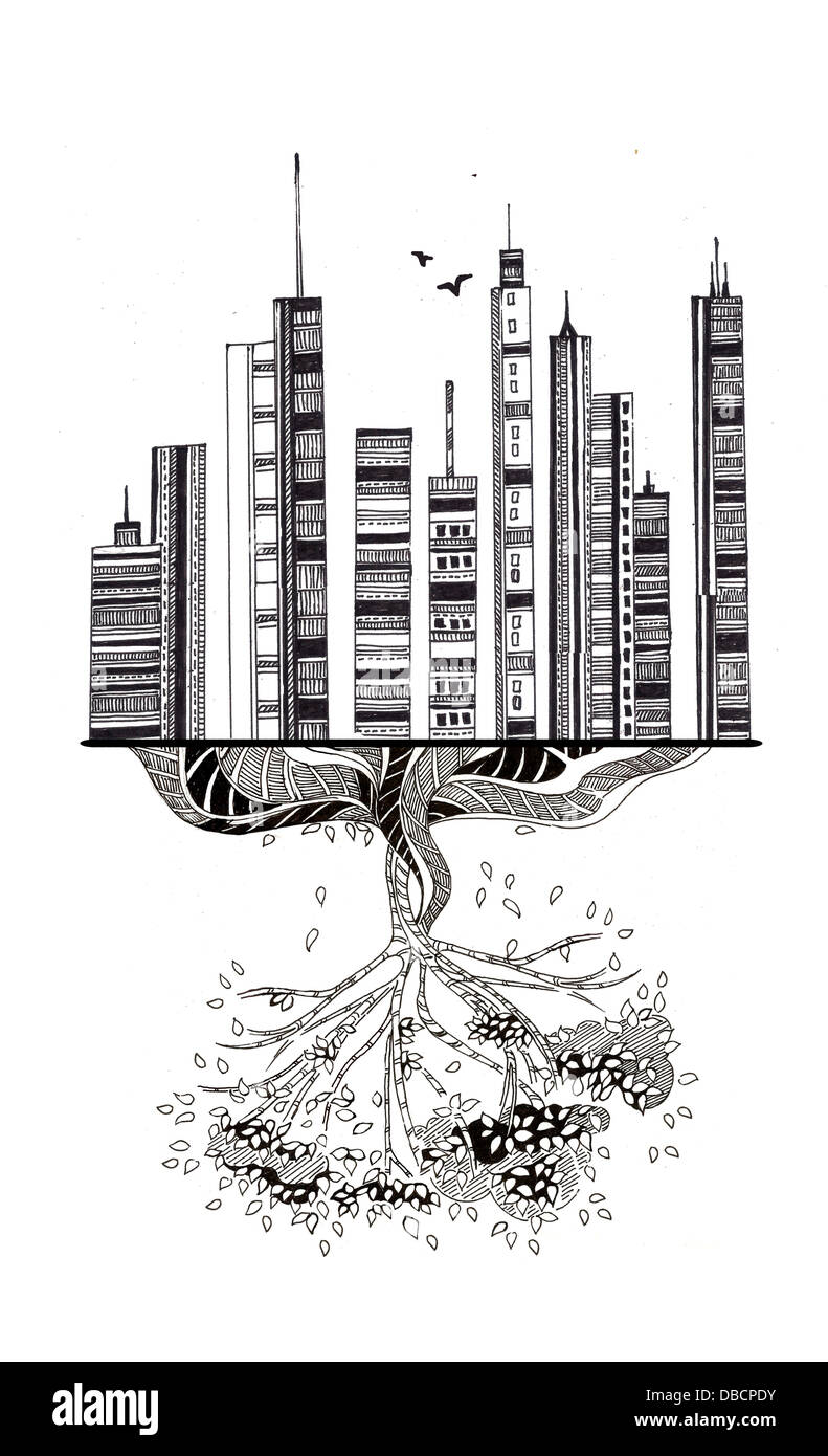 Imagen ilustrativa de edificios comerciales y árbol que representa el deterioro del medio ambiente Foto de stock