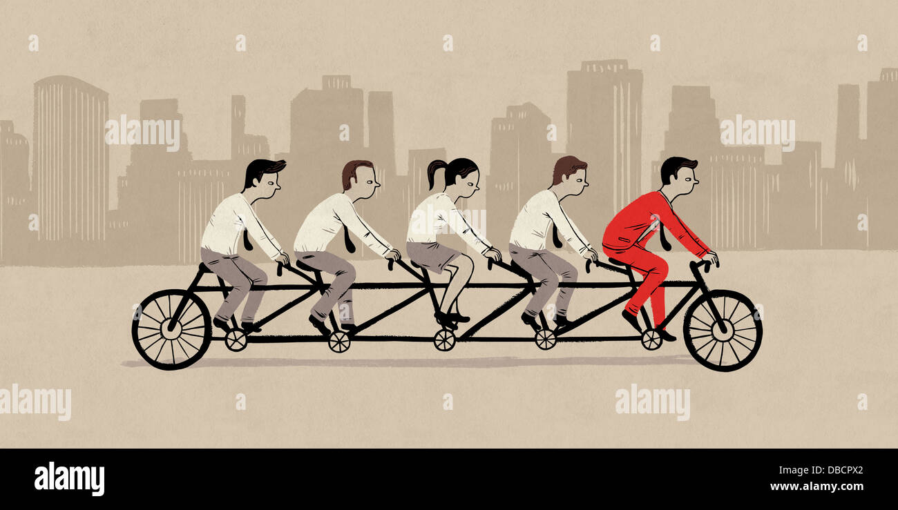 Imagen ilustrativa de empresarios montando bicicleta tándem que representa el trabajo en equipo Foto de stock