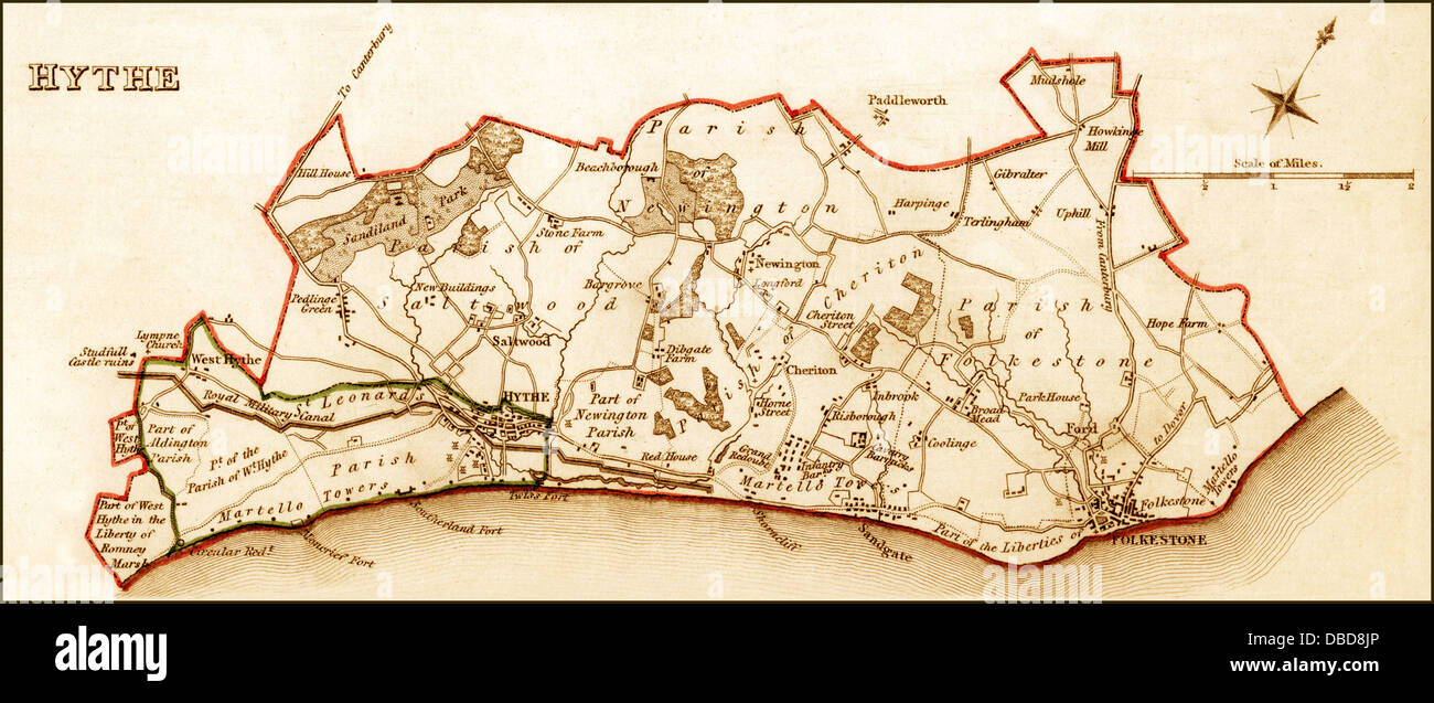 1832 Victorian Mapa de Hythe Foto de stock