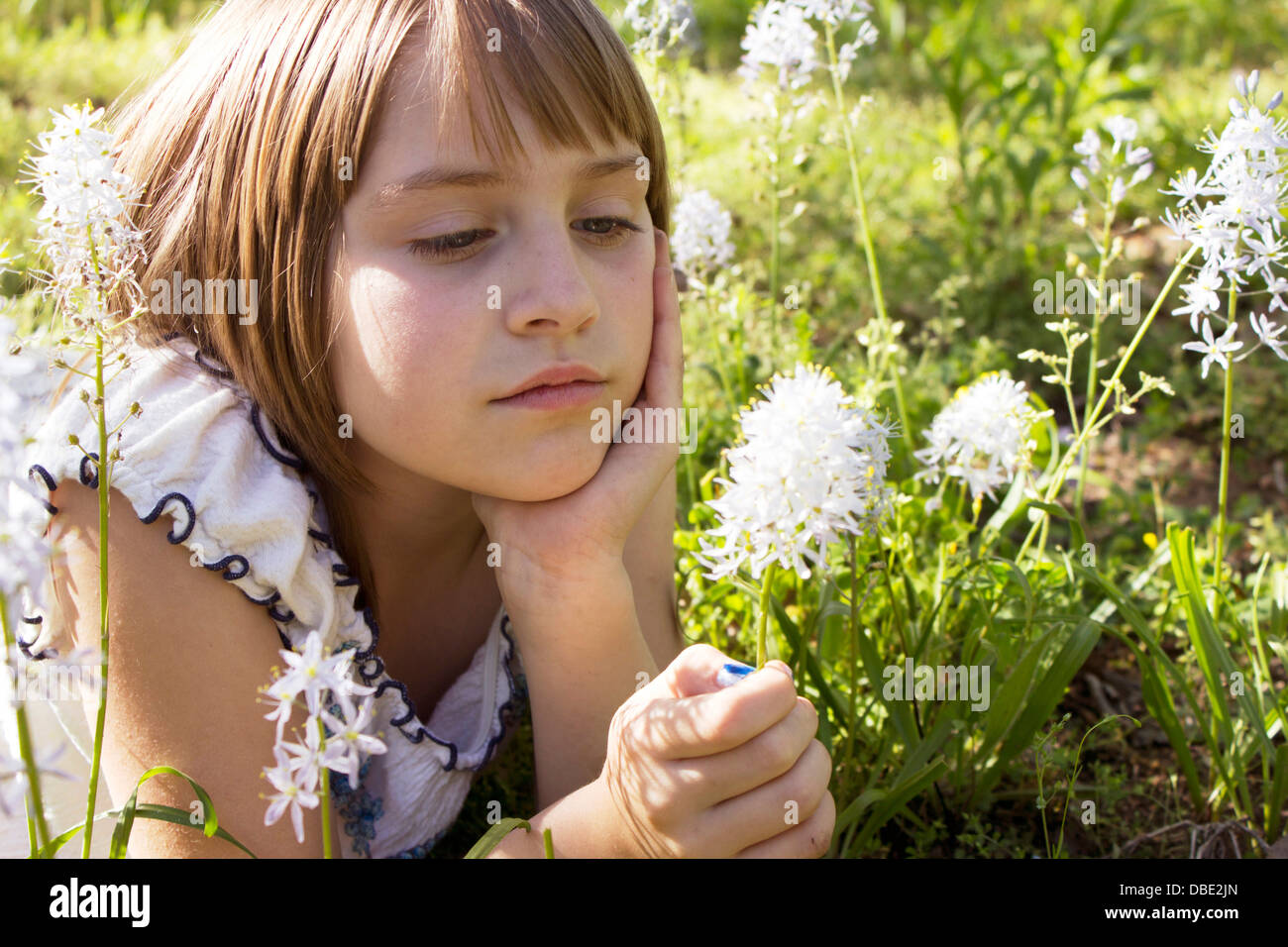 Niña contemplando una flor al aire libre. Foto de stock