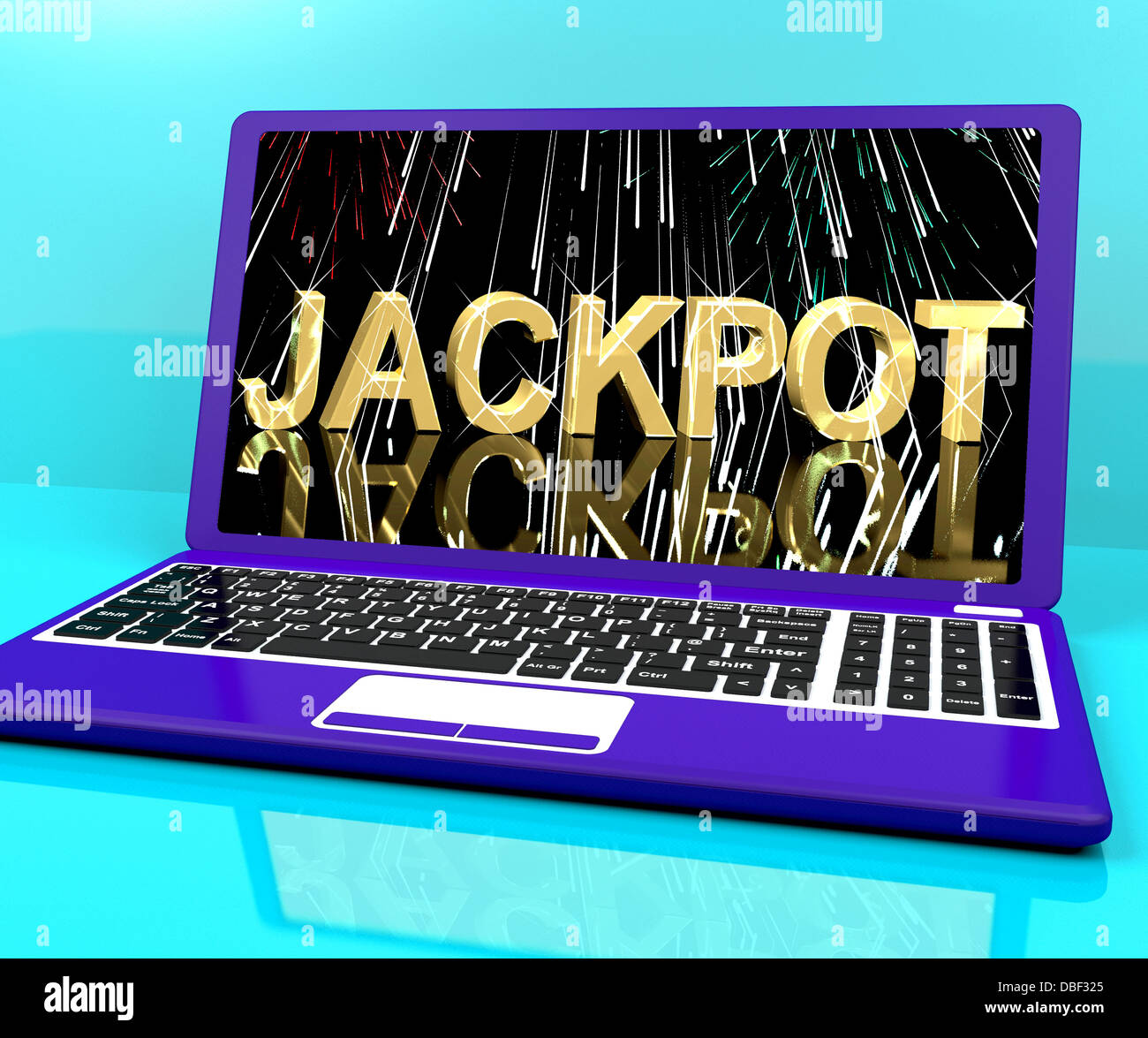 Jackpot Word con Fireworks en portátil mostrando ganar Foto de stock