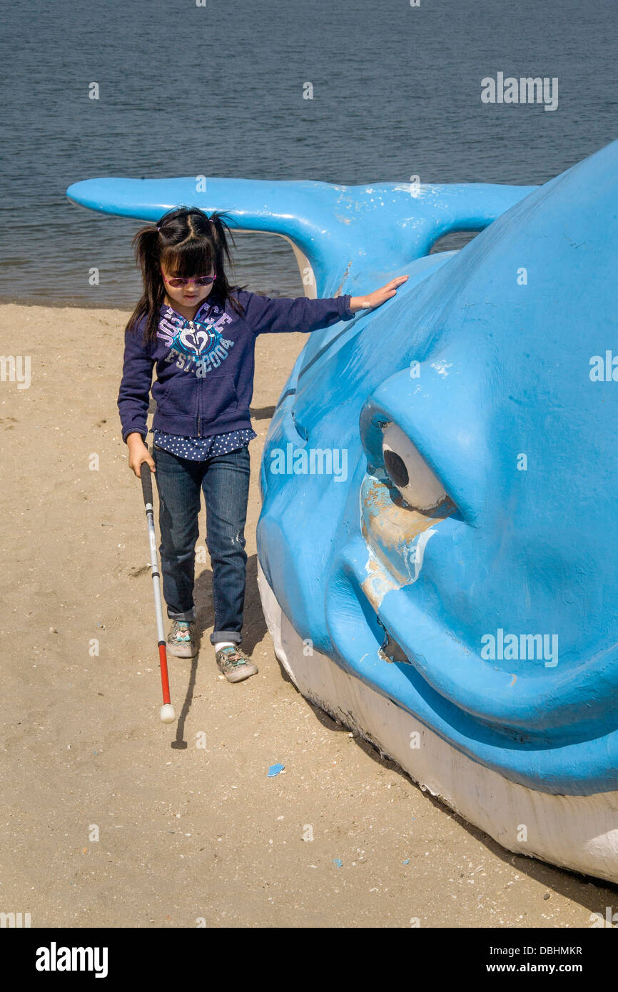 Una ciega chica asiático-estadounidense siente el esbozo de una ballena modelo waterside guiando a sí misma con un bastón blanco Foto de stock
