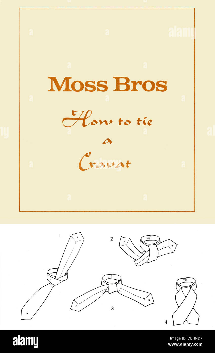 Moss Bros instrucciones sobre cómo vincular un Cravat probablemente 1950 Foto de stock