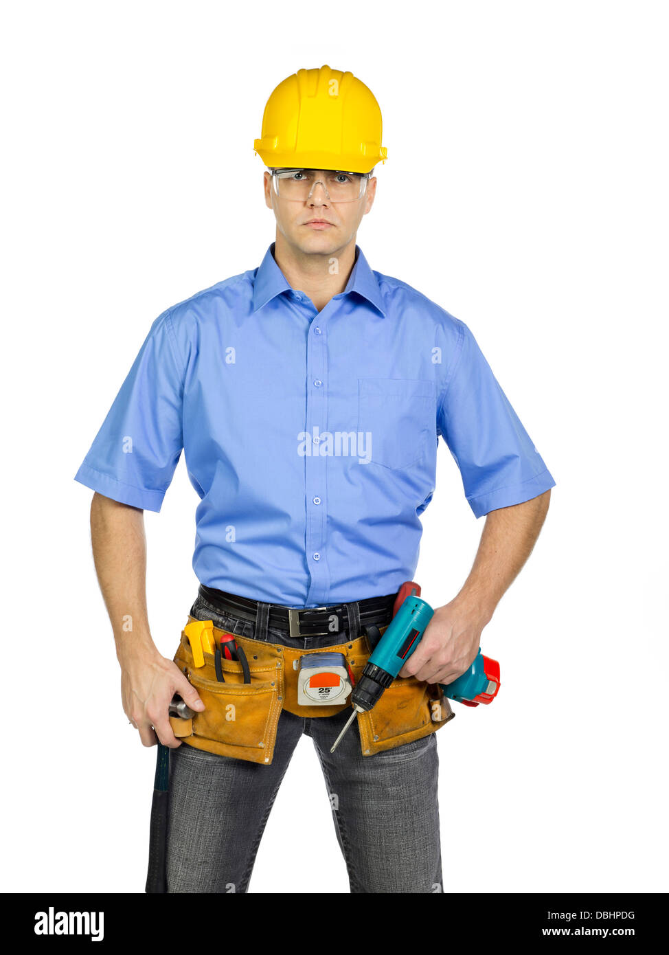 Trabajador de la construcción en blanco Foto de stock