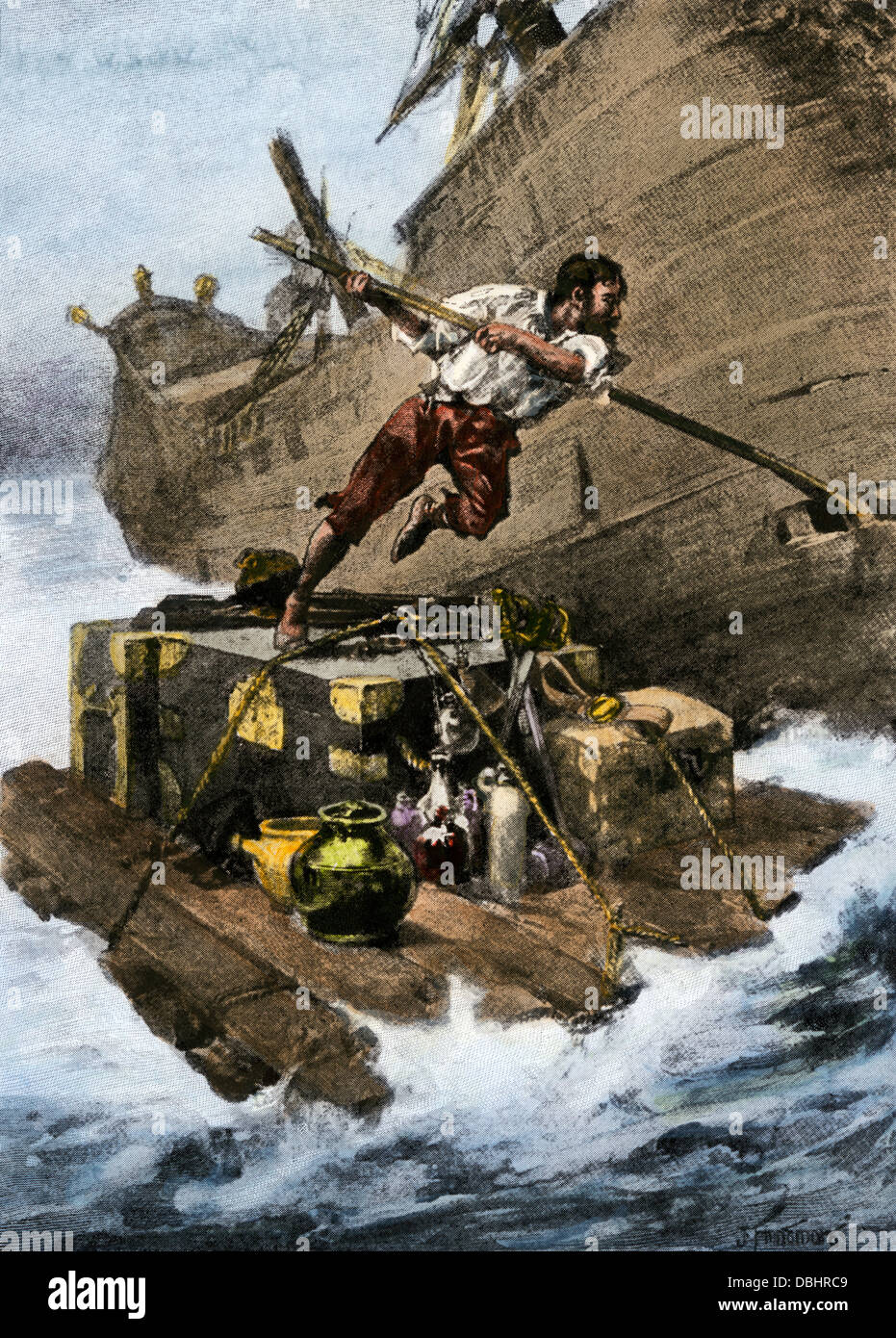Robinson Crusoe escapar del naufragio, a partir de la novela de Daniel Defoe. Reproducción de semitonos pintado a mano de ilustración. Foto de stock