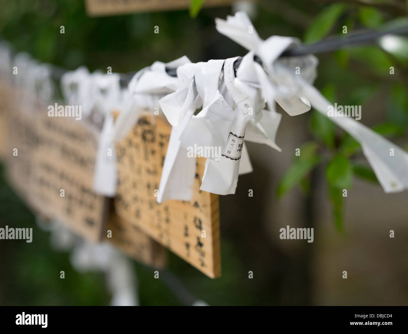 Ema oración tabletas y fortuna omikuji papeles. Templo Tourinji, Ishigaki Island, Okinawa, Japón Foto de stock