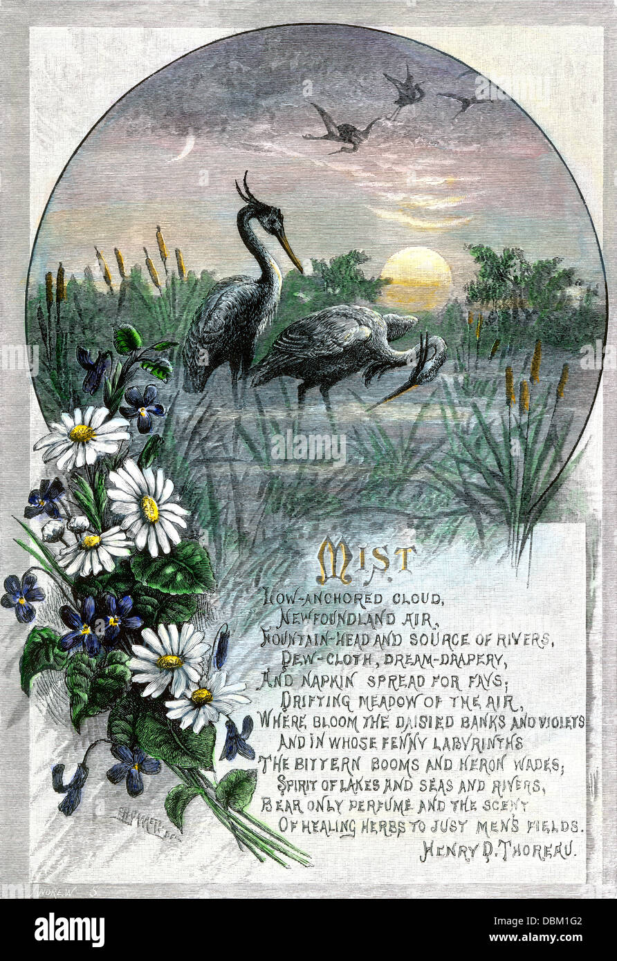 'Mist', un poema de Henry David Thoreau. Xilografía coloreada a mano Foto de stock