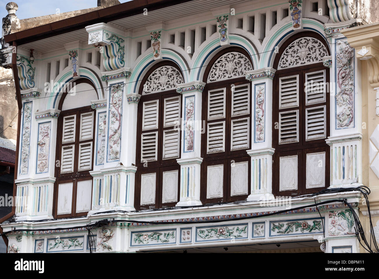 Detalle de las casas de la época colonial, Georgetown, Pulau Penang, Malasia, Sudeste Asiático, Asia Foto de stock