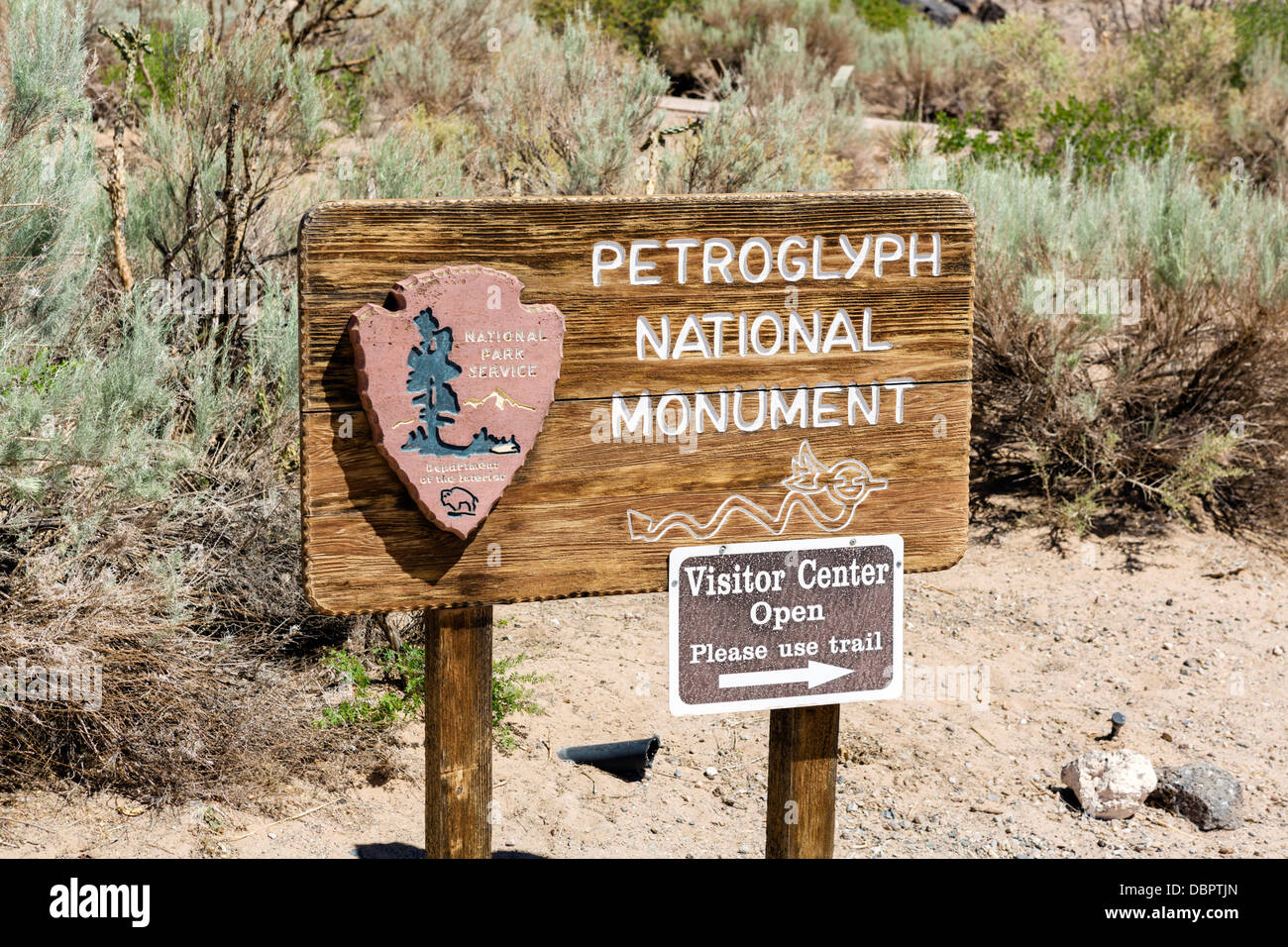 Firmar fuera el Centro de Visitantes del Petrogrlyph, Monumento Nacional, Albuquerque, Nuevo México, EE.UU. Foto de stock