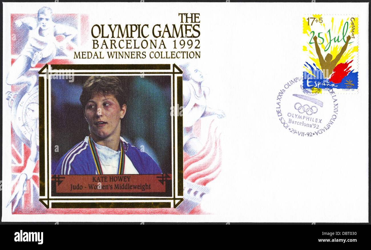 Sello de primer día conmemorativo de la colección de los ganadores de medallas de los Juegos Olímpicos de Barcelona en 1992 con Kate Howey de Gran Bretaña ganó la medalla de bronce de judo - Mujeres de peso medio Foto de stock
