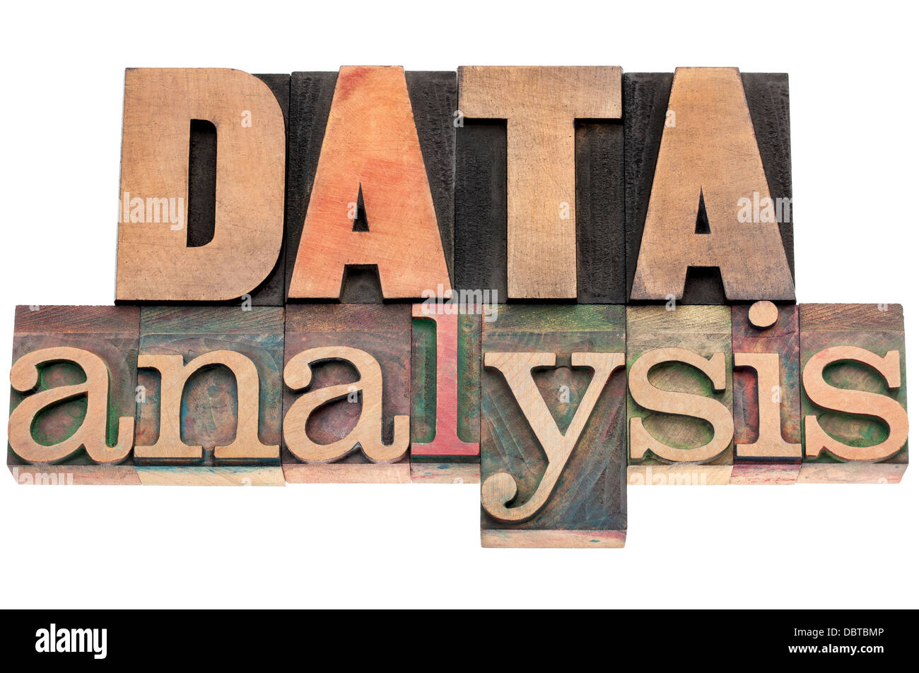 El análisis de los datos- texto aislado en vintage tipografía tipo de madera Foto de stock