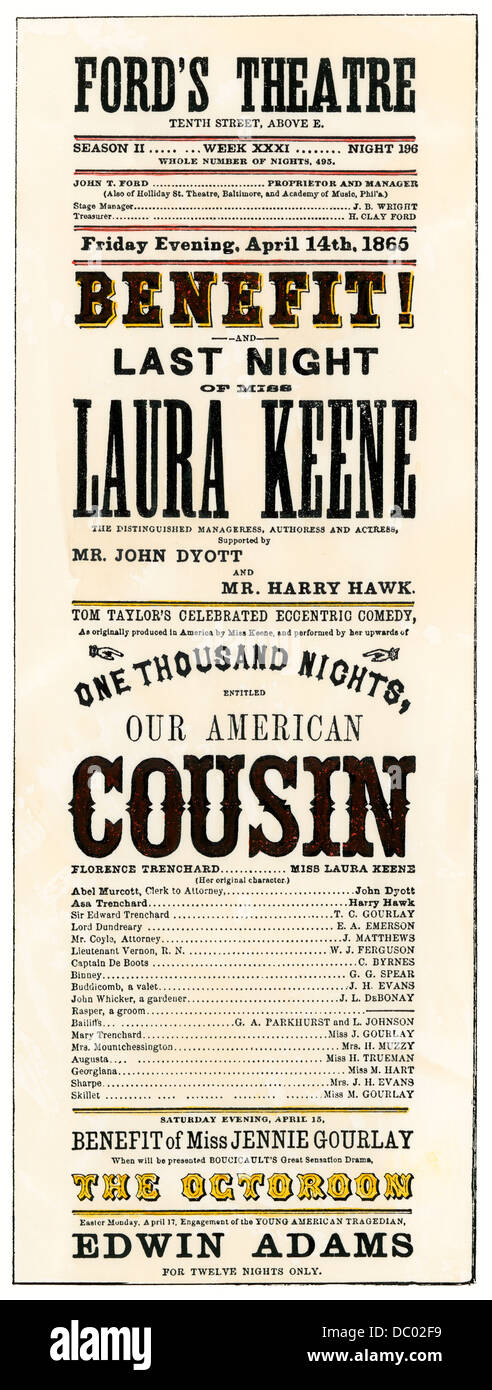 El Teatro Ford playbill para "nuestro primo americano' rendimiento cuando Lincoln fue asesinado. Xilografía coloreada a mano Foto de stock