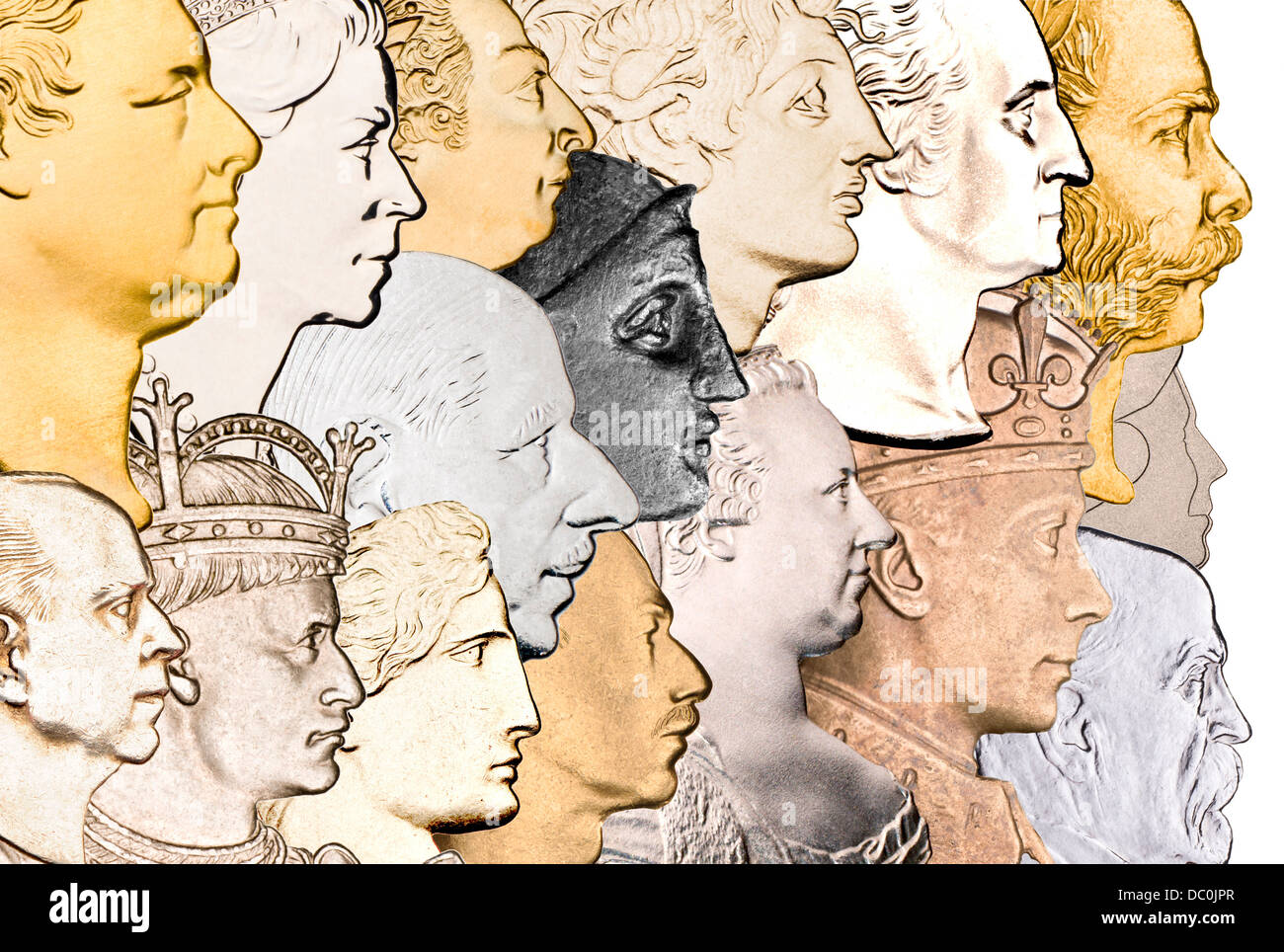 Retratos de perfil de diversos monarcas y figuras históricas tomadas de monedas. Foto de stock