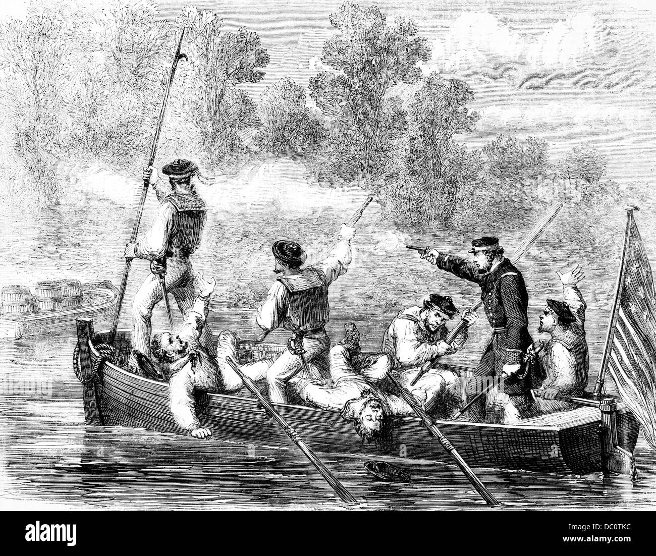 1800 1860 La tripulación de la flota europea de Potomac defenderse de los soldados confederados escondidos A LO LARGO DE LA ORILLA DEL RÍO Foto de stock